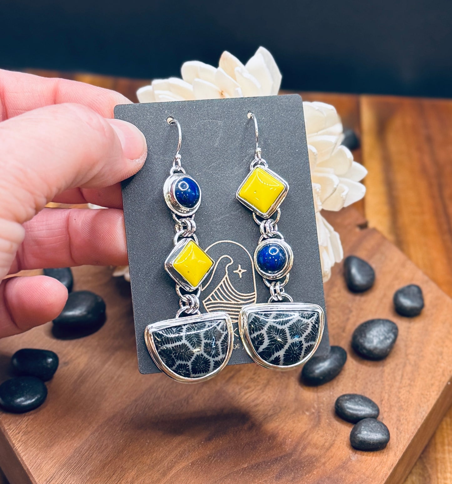Black Fossilized Coral with Lapis and Yellow Rosarita