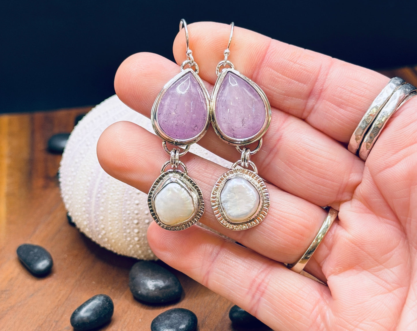 Lavender Kunzite and Pearl Sterling Silver Earrings