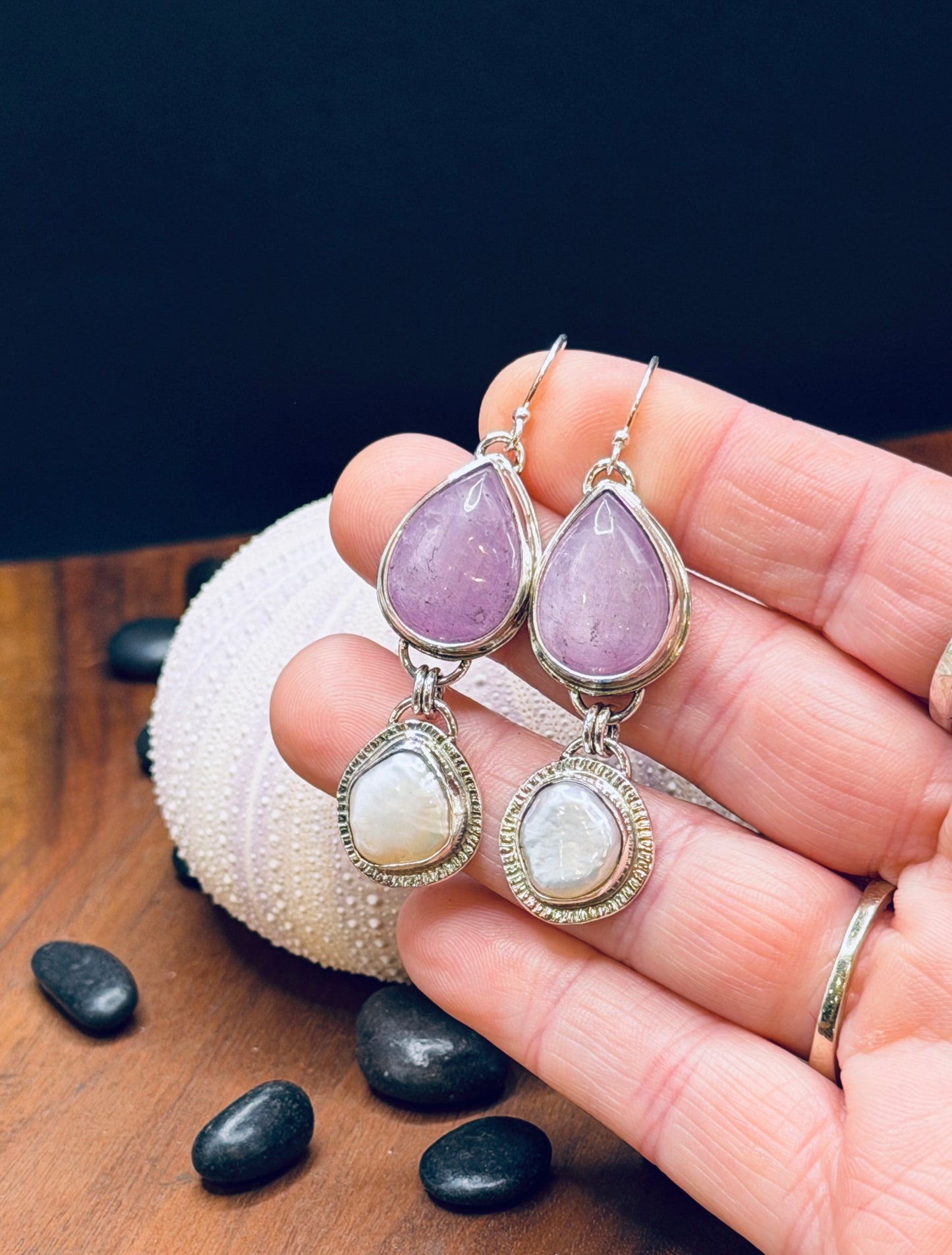 Lavender Kunzite and Pearl Sterling Silver Earrings