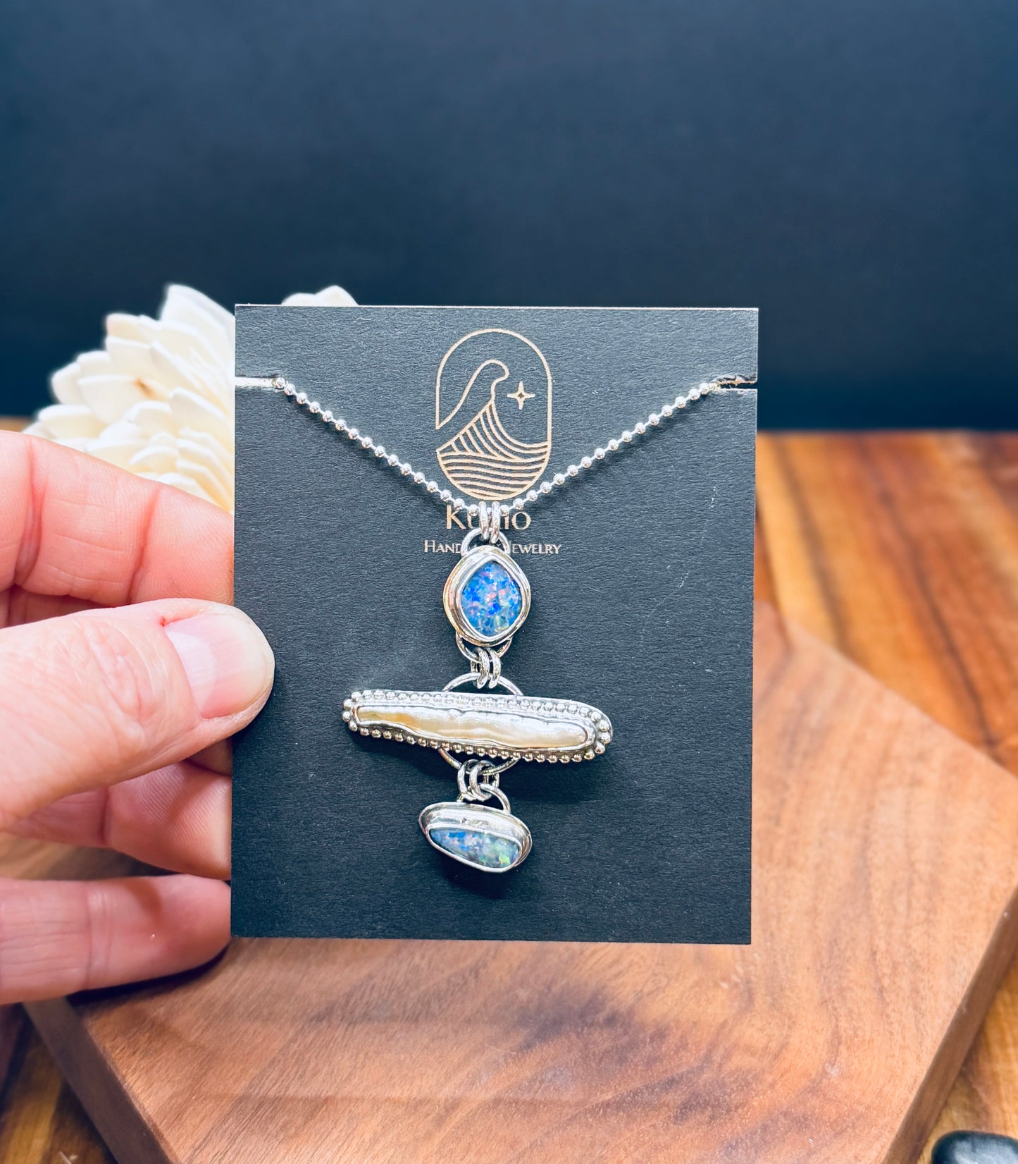 Coober Pedy Opal and Biwa Pearl Sterling Silver Pendant