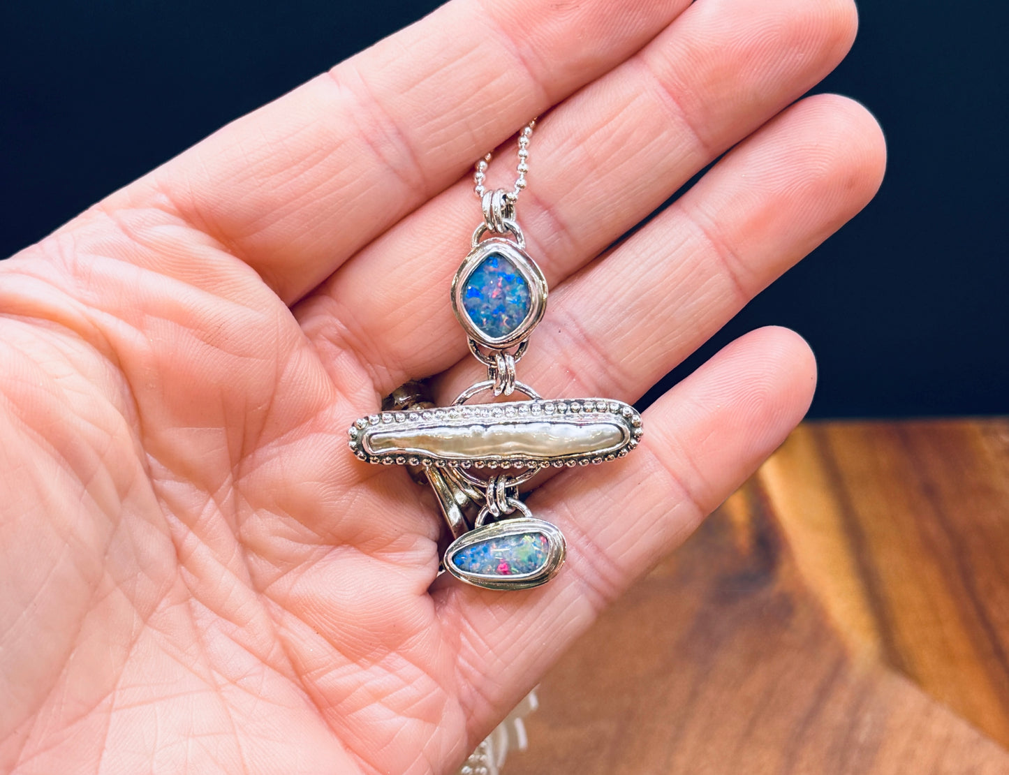 Coober Pedy Opal and Biwa Pearl Sterling Silver Pendant