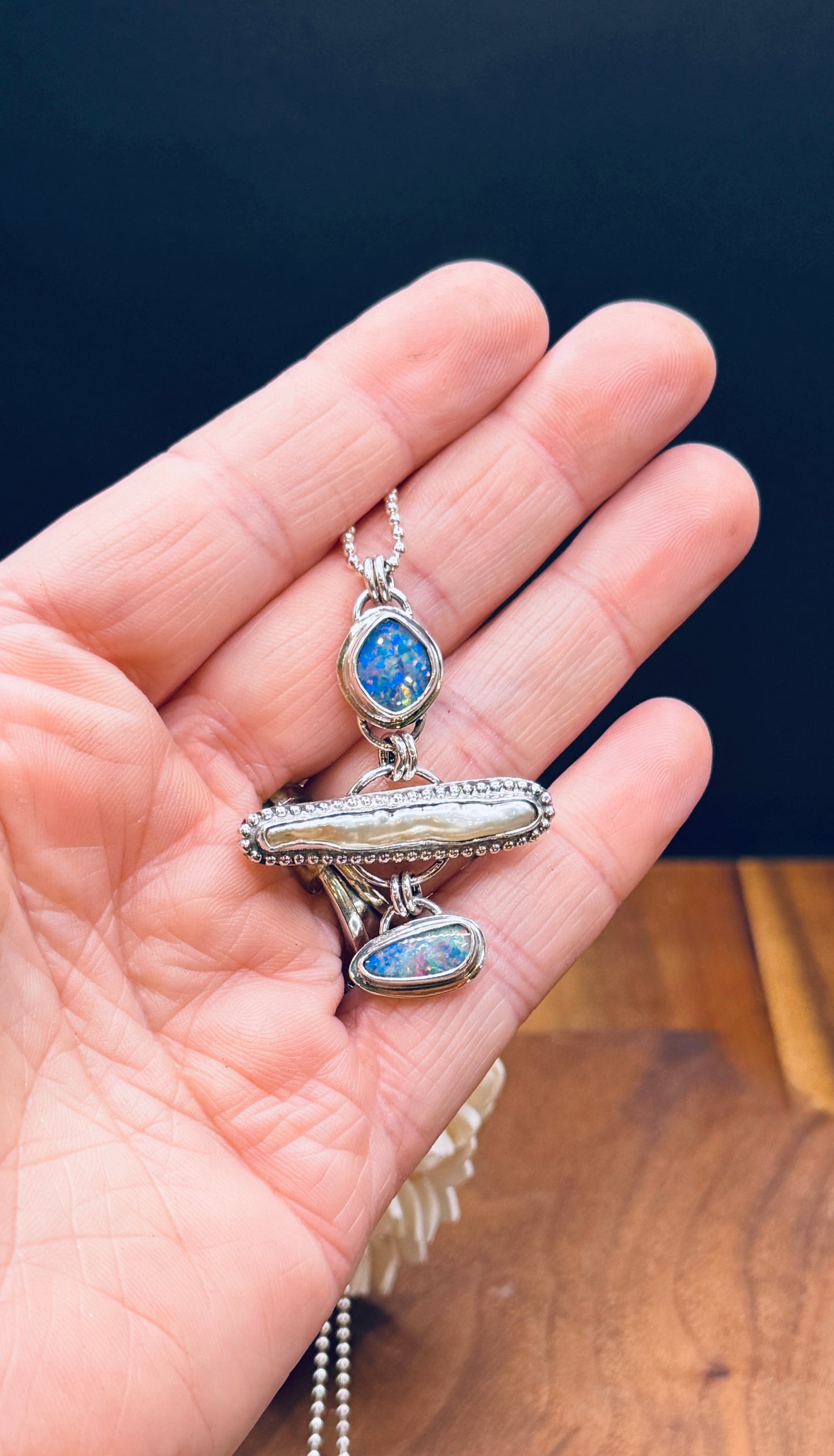 Coober Pedy Opal and Biwa Pearl Sterling Silver Pendant