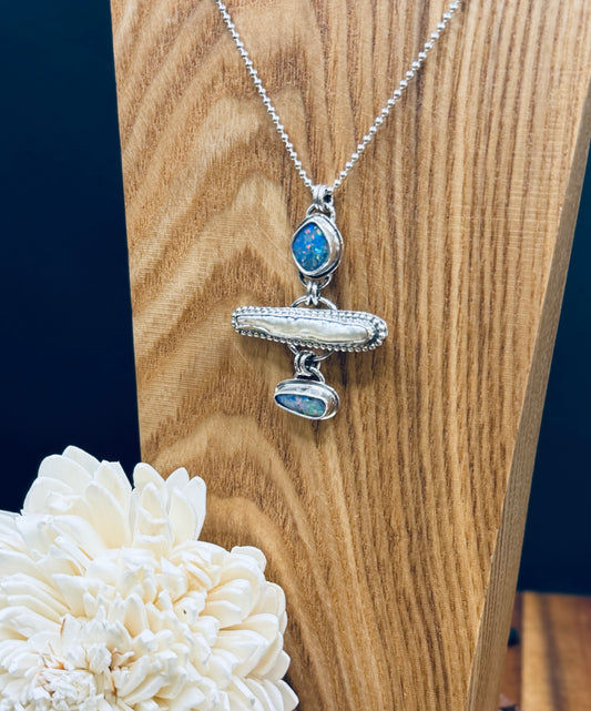 Coober Pedy Opal and Biwa Pearl Sterling Silver Pendant