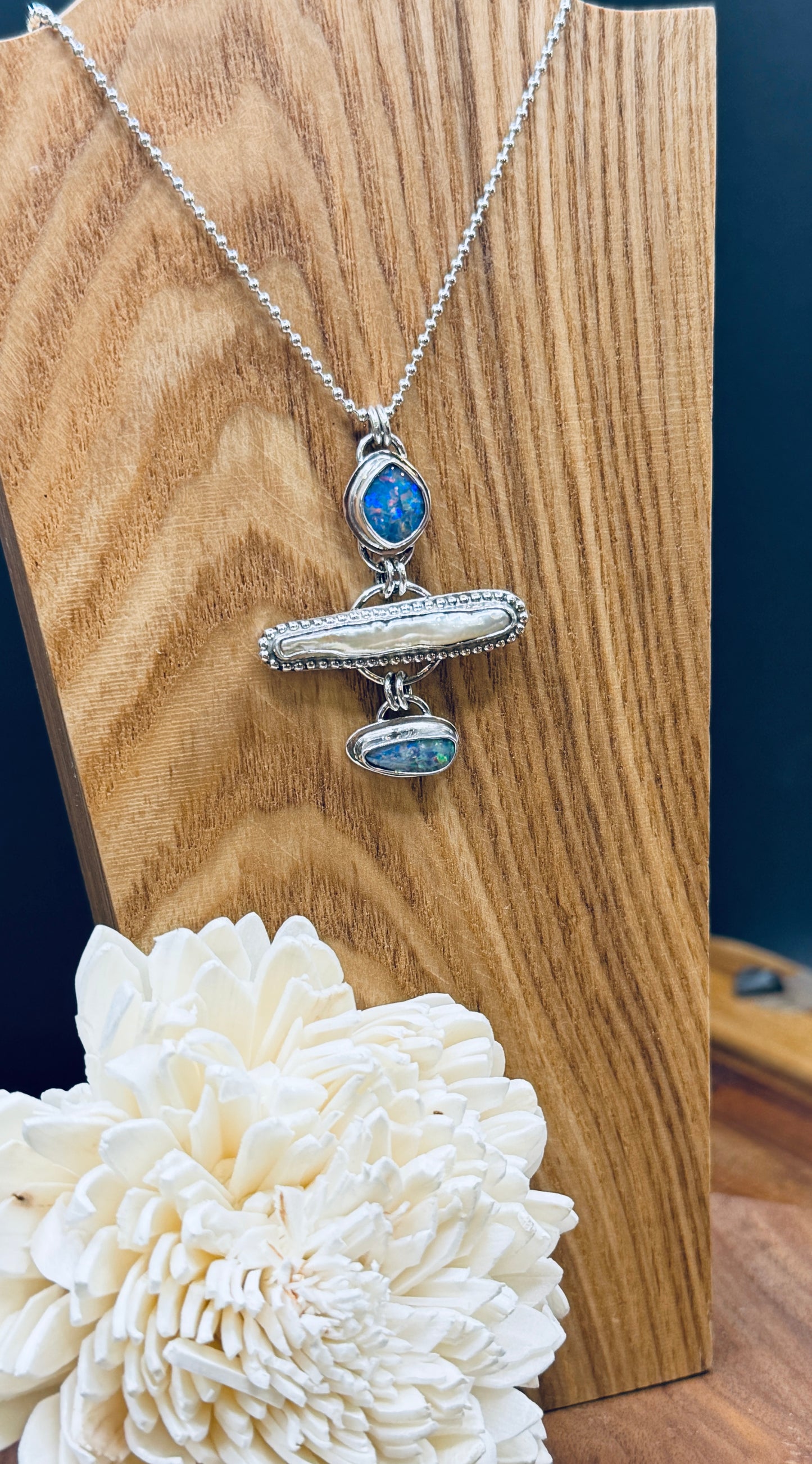 Coober Pedy Opal and Biwa Pearl Sterling Silver Pendant