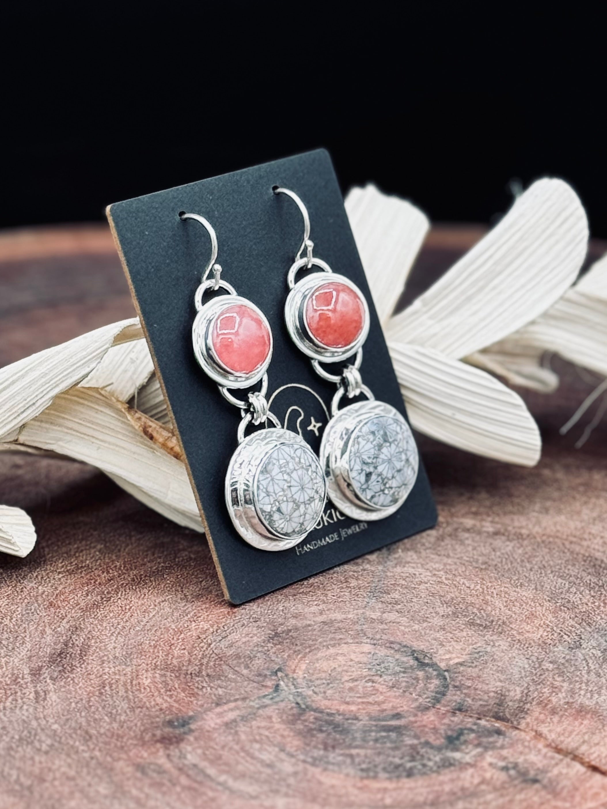 Shops FOSSIL CORAL earrings, Fossil Coral, Swarovski Crystal/Sterling Silver earrings, Natural Stone dangles