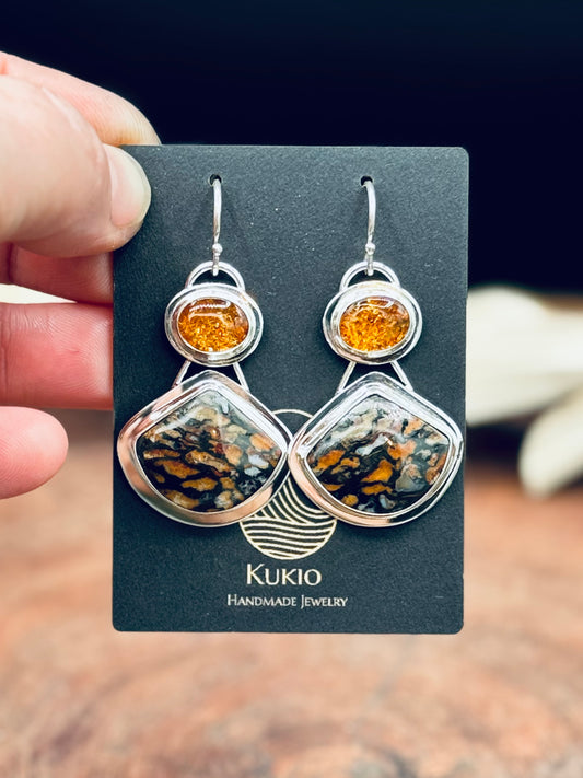 Wild Cat Petrified Wood and Baltic Amber Earrings