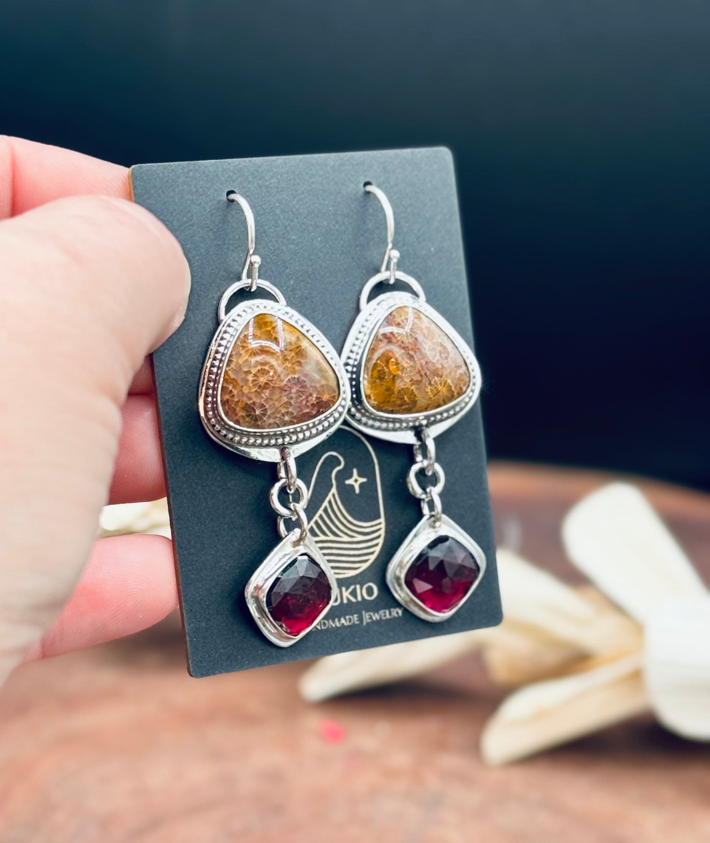 Fossilized Coral and Garnet Sterling Silver Earrings