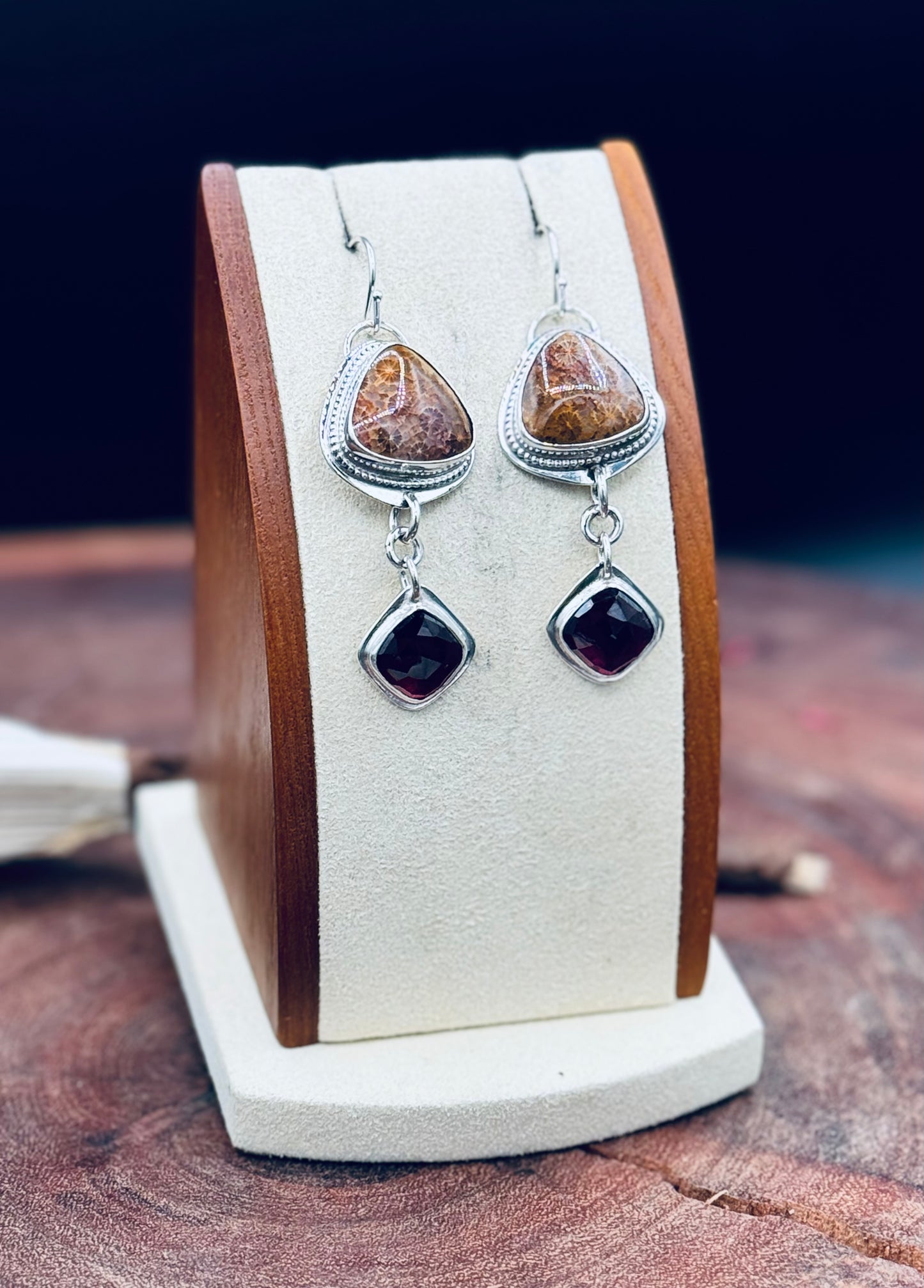 Fossilized Coral and Garnet Sterling Silver Earrings