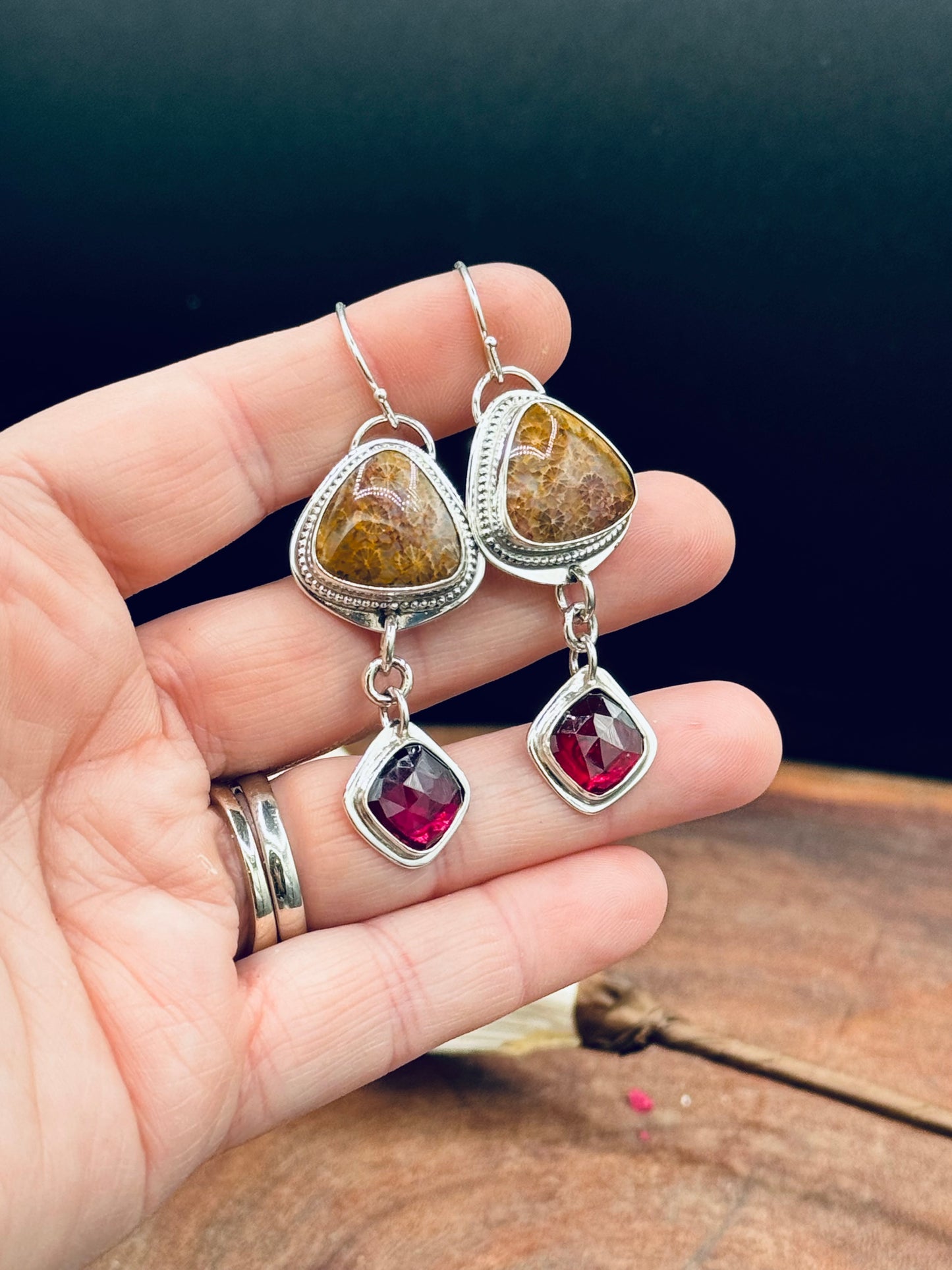 Fossilized Coral and Garnet Sterling Silver Earrings