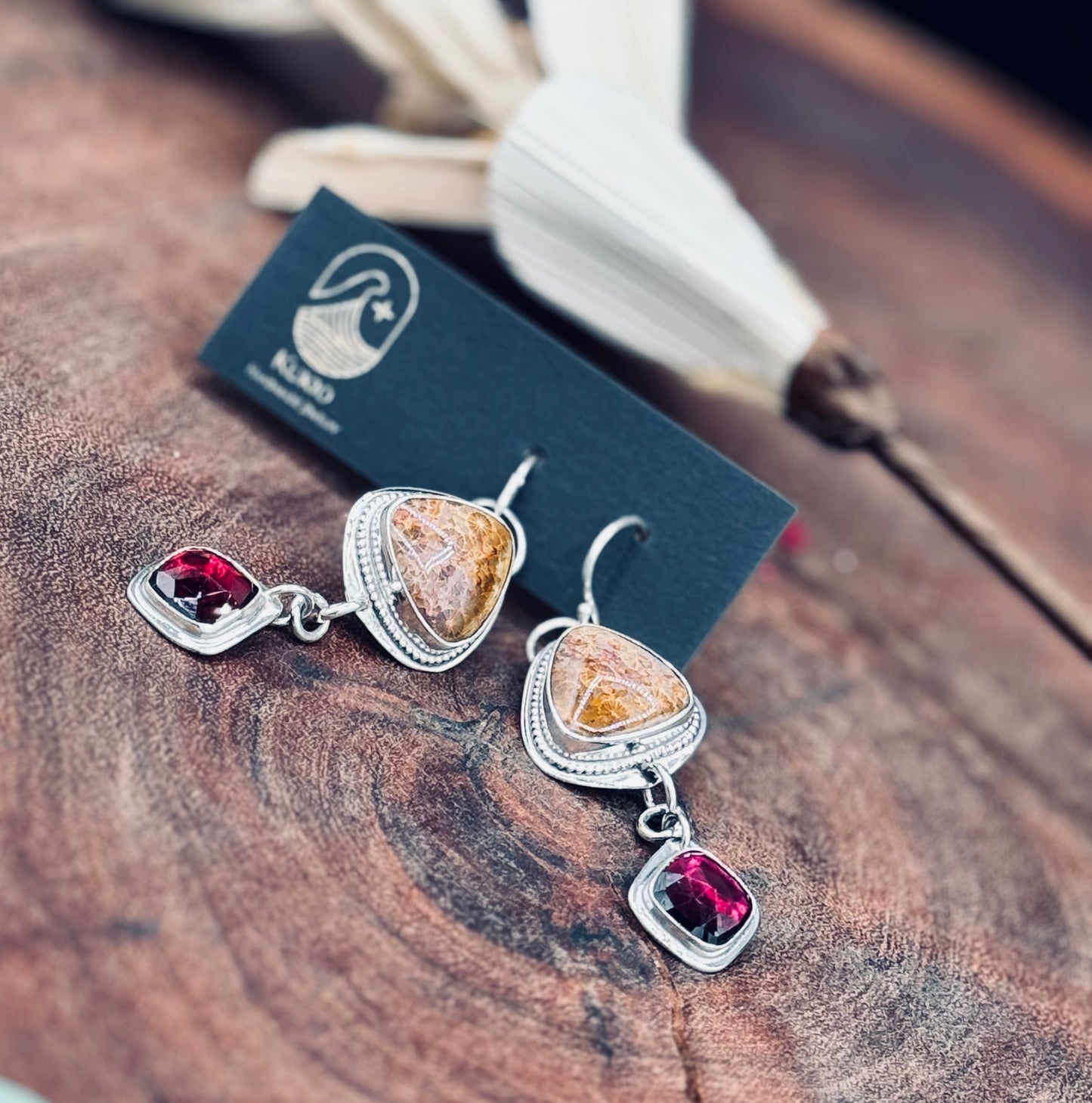 Fossilized Coral and Garnet Sterling Silver Earrings