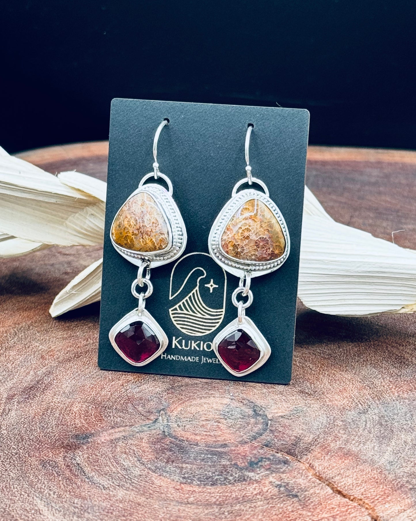 Fossilized Coral and Garnet Sterling Silver Earrings