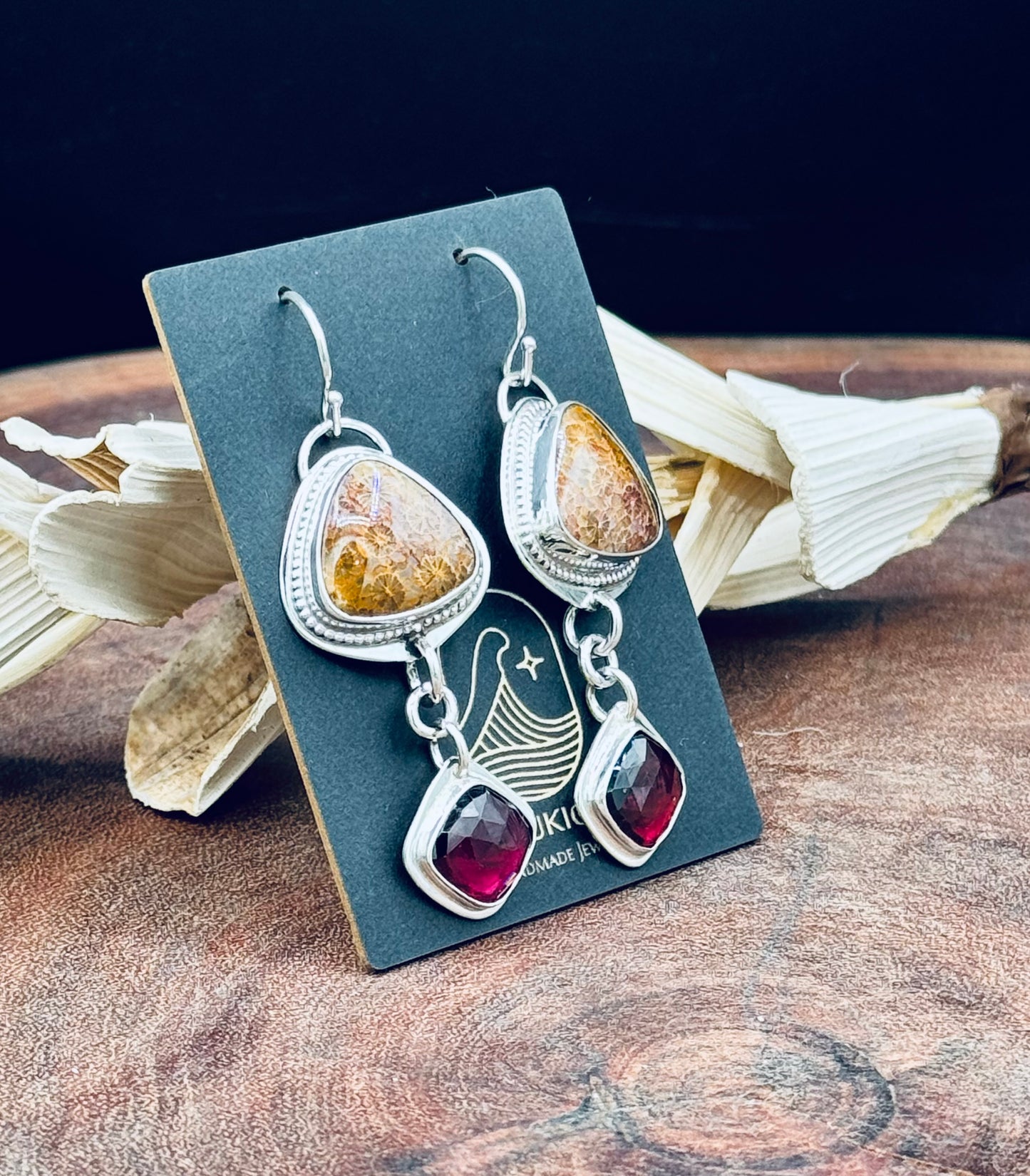 Fossilized Coral and Garnet Sterling Silver Earrings