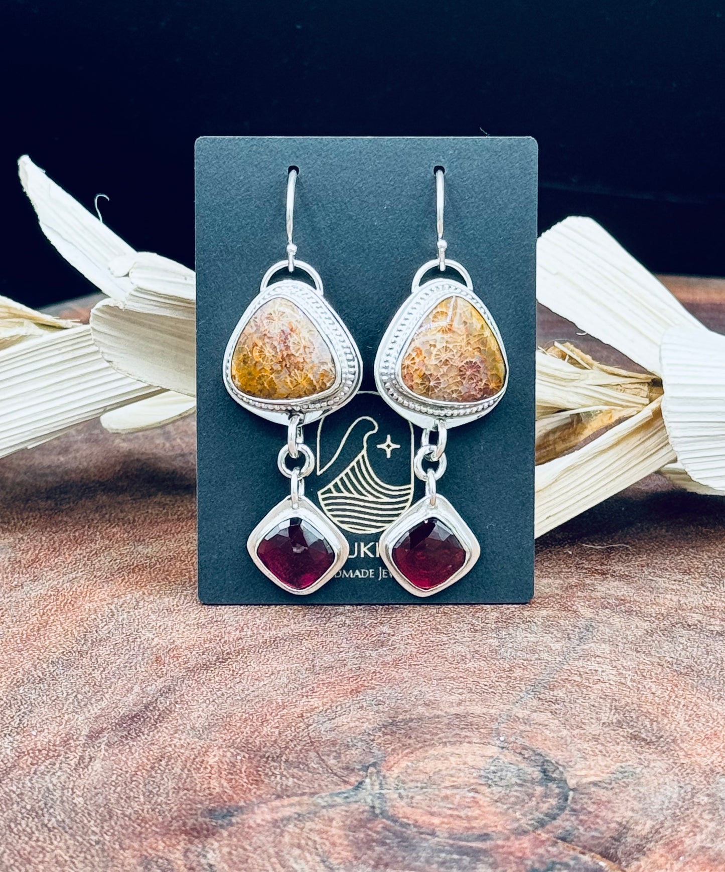 Fossilized Coral and Garnet Sterling Silver Earrings