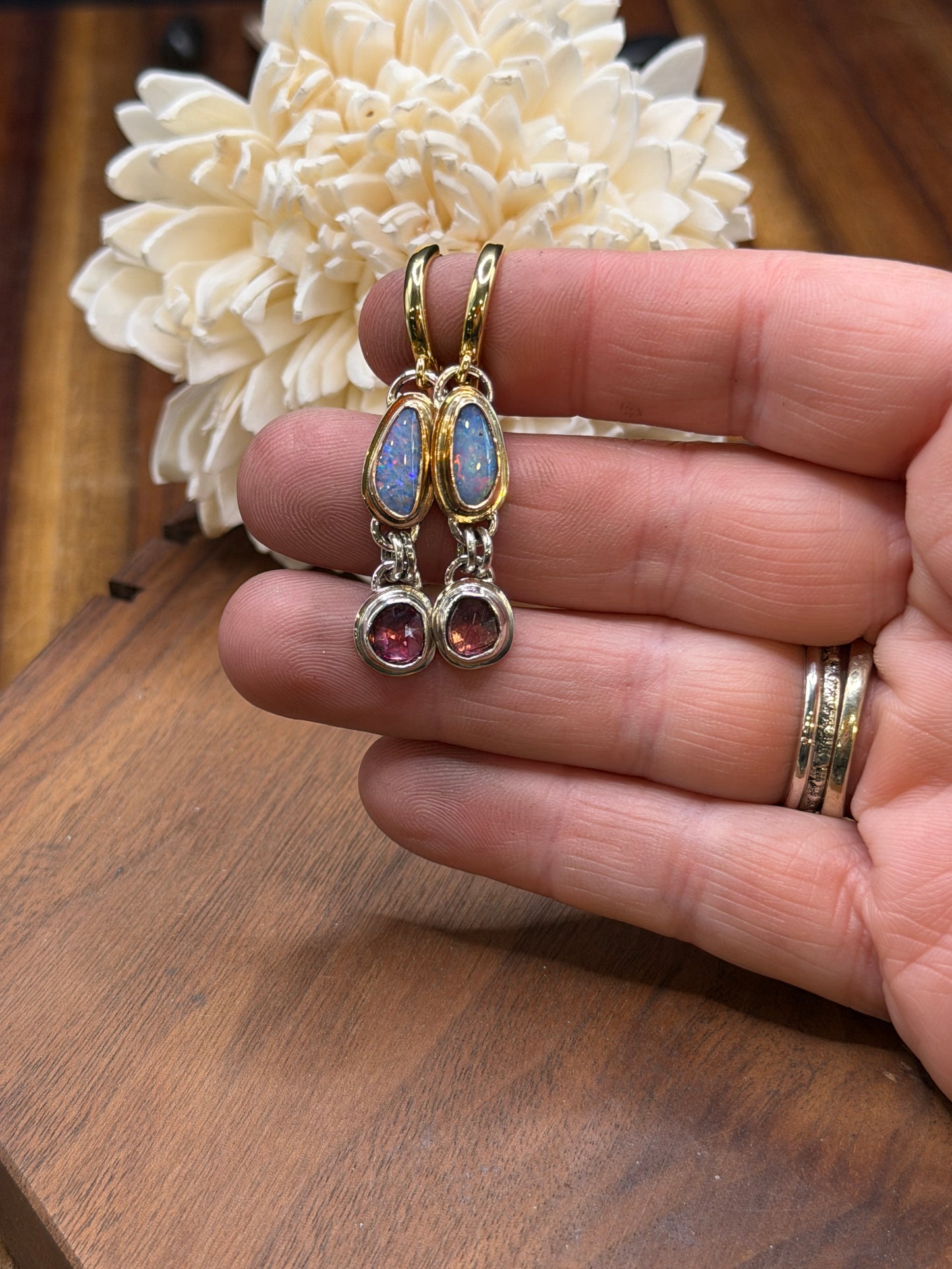 Sterling Silver/Gold-Fill Coober Pedy Opal and Rhodolite Garnet Huggy Earrings