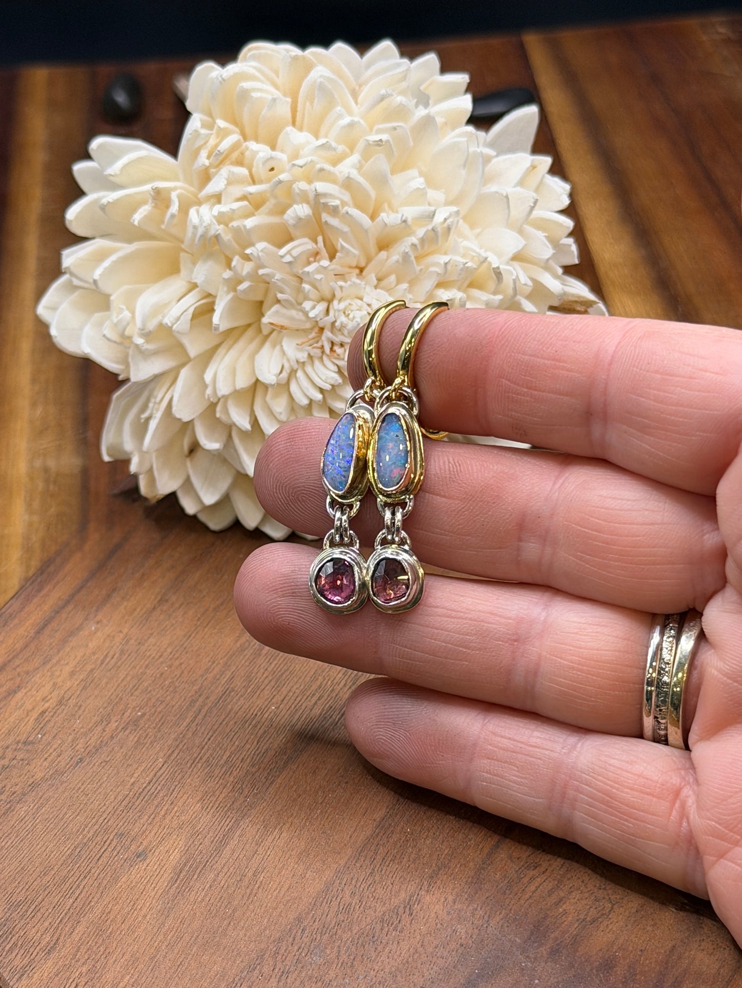Sterling Silver/Gold-Fill Coober Pedy Opal and Rhodolite Garnet Huggy Earrings