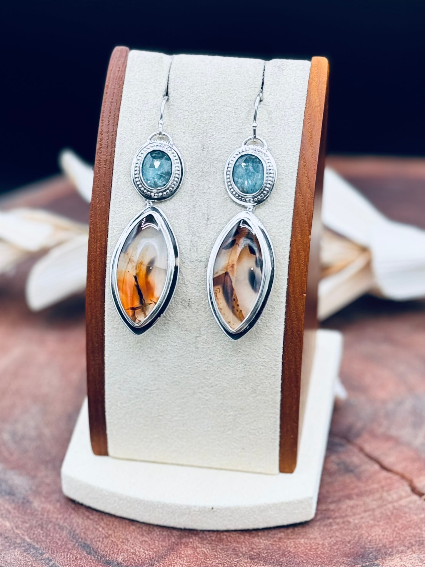 Montana Agate and Aqua Kyanite Sterling Silver Earrings