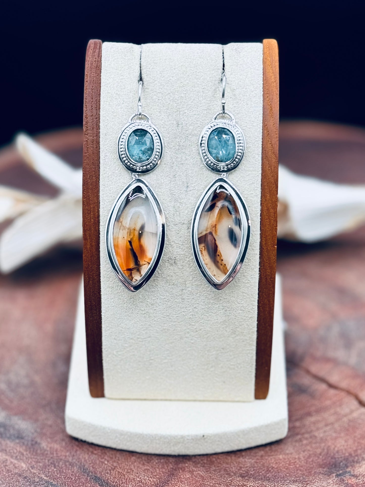 Montana Agate and Aqua Kyanite Sterling Silver Earrings