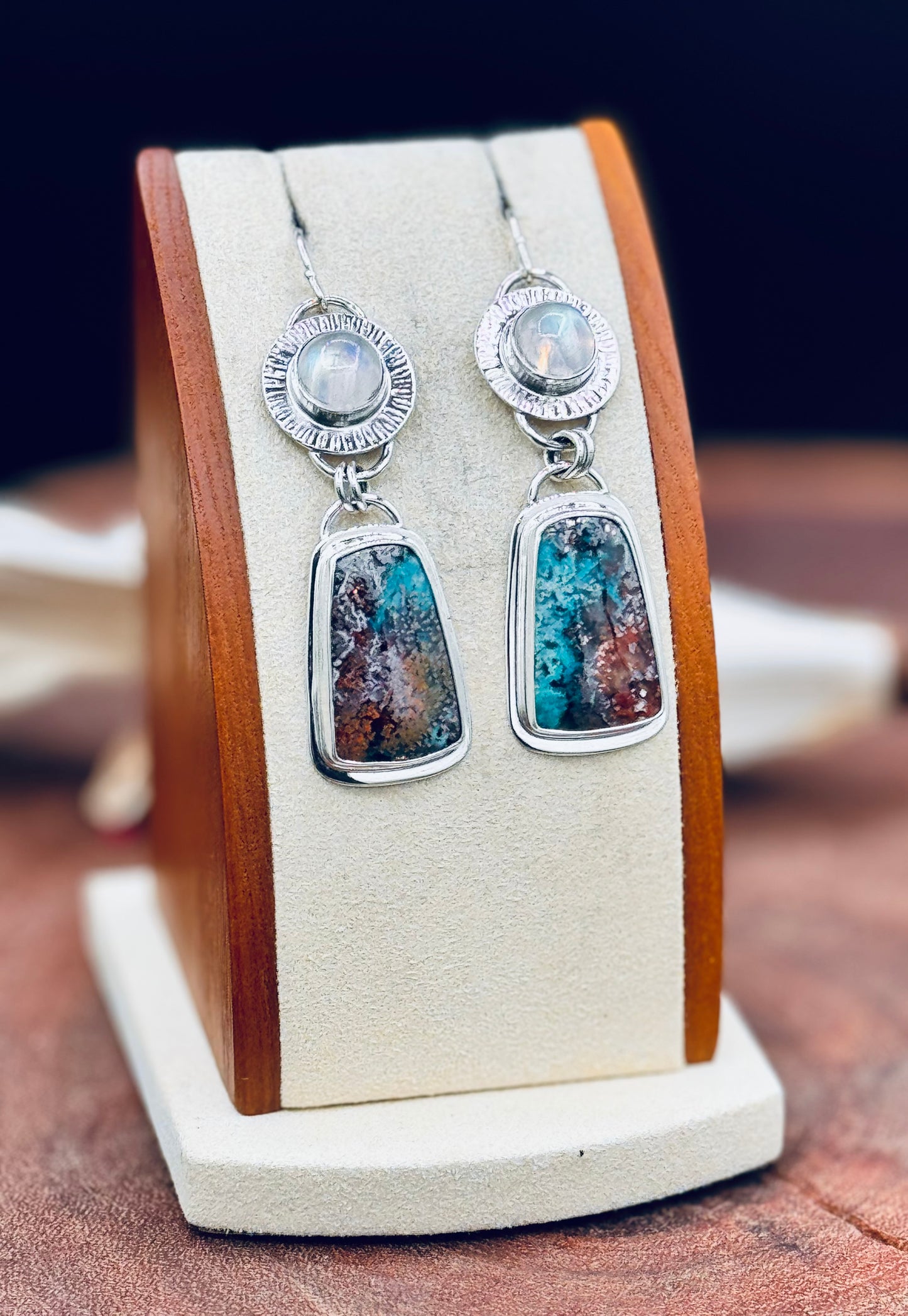 Copper Chrysocolla and Rainbow Moonstone Sterling Silver Earrings