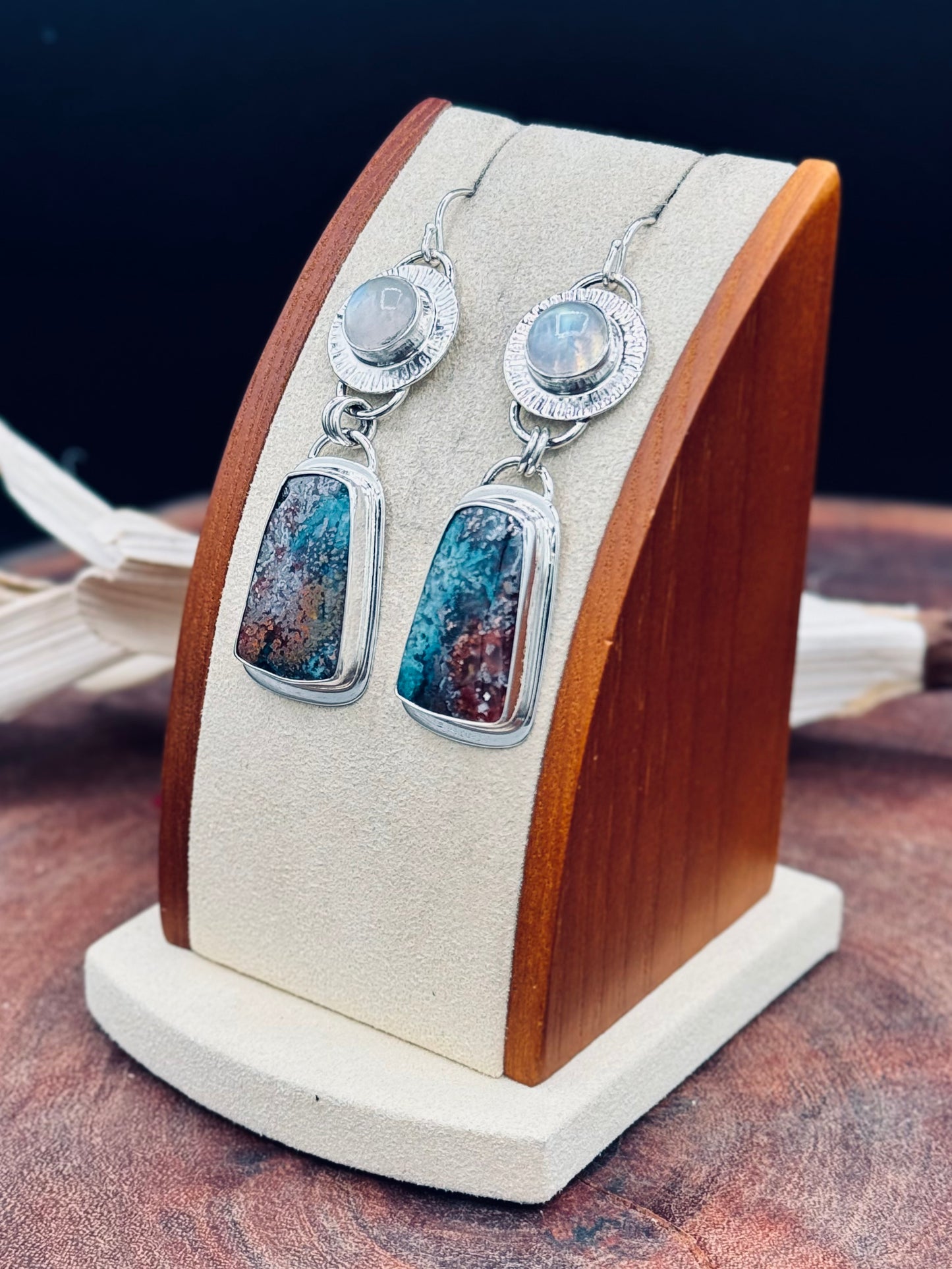 Copper Chrysocolla and Rainbow Moonstone Sterling Silver Earrings