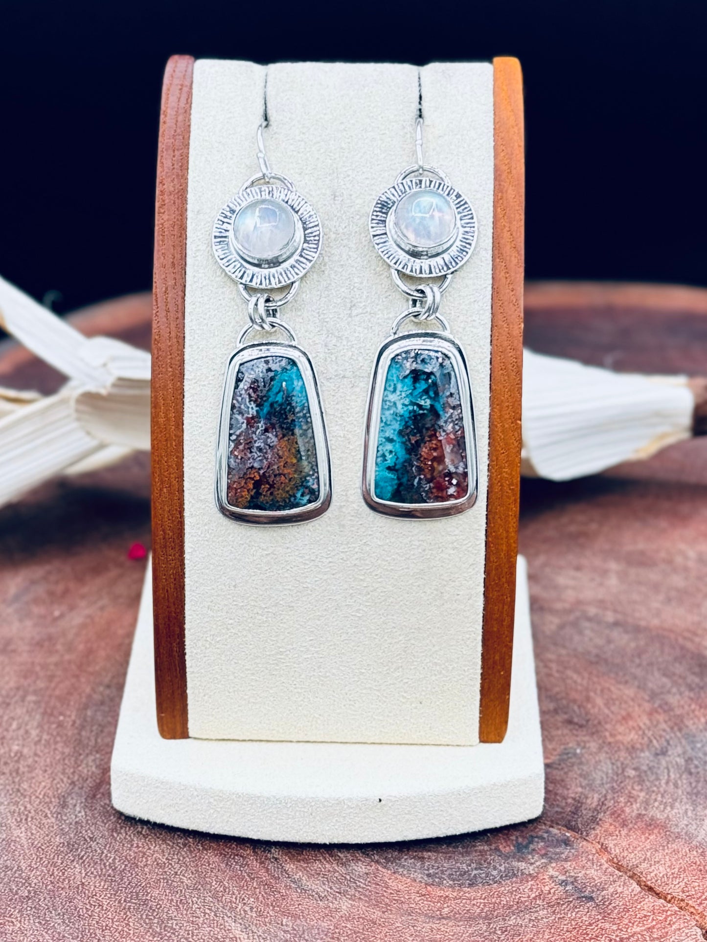 Copper Chrysocolla and Rainbow Moonstone Sterling Silver Earrings