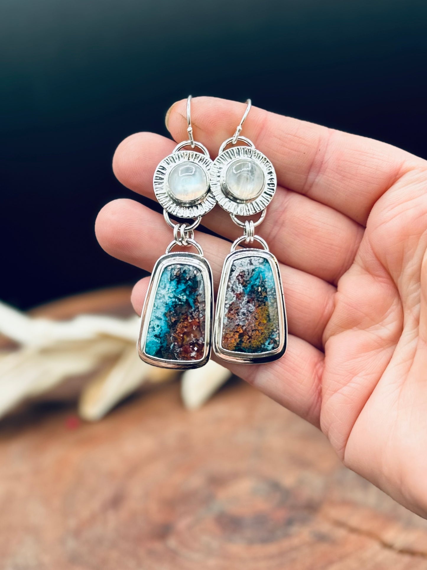 Copper Chrysocolla and Rainbow Moonstone Sterling Silver Earrings