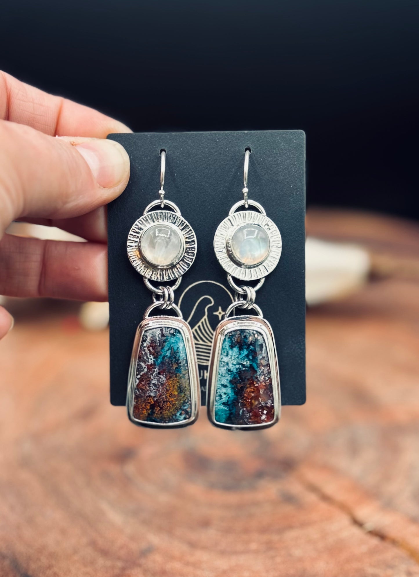 Copper Chrysocolla and Rainbow Moonstone Sterling Silver Earrings