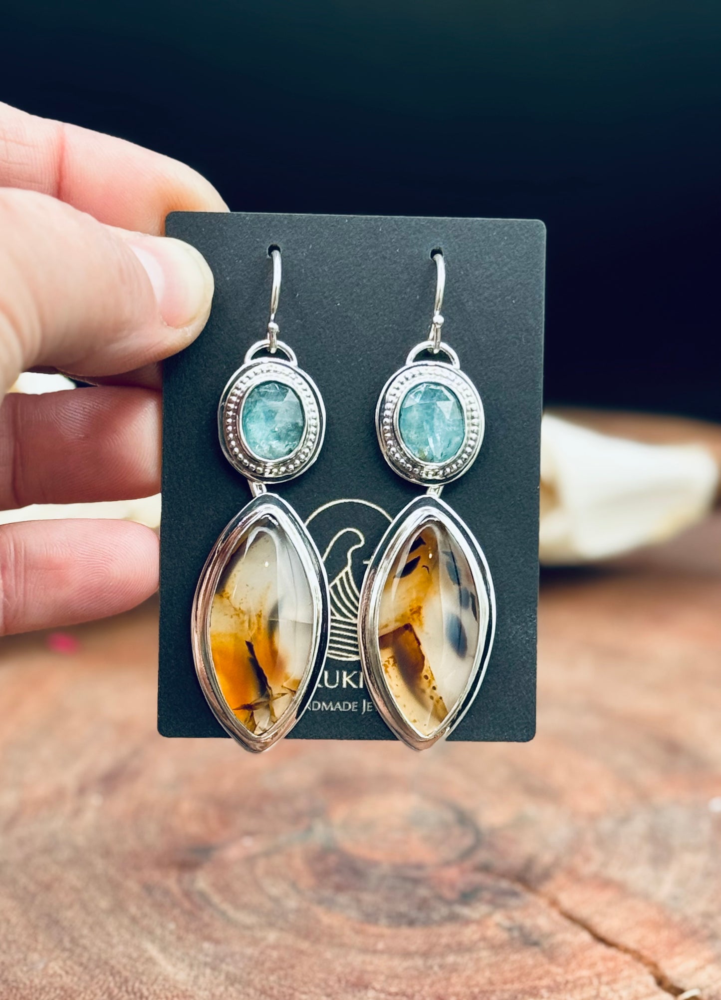 Montana Agate and Aqua Kyanite Sterling Silver Earrings