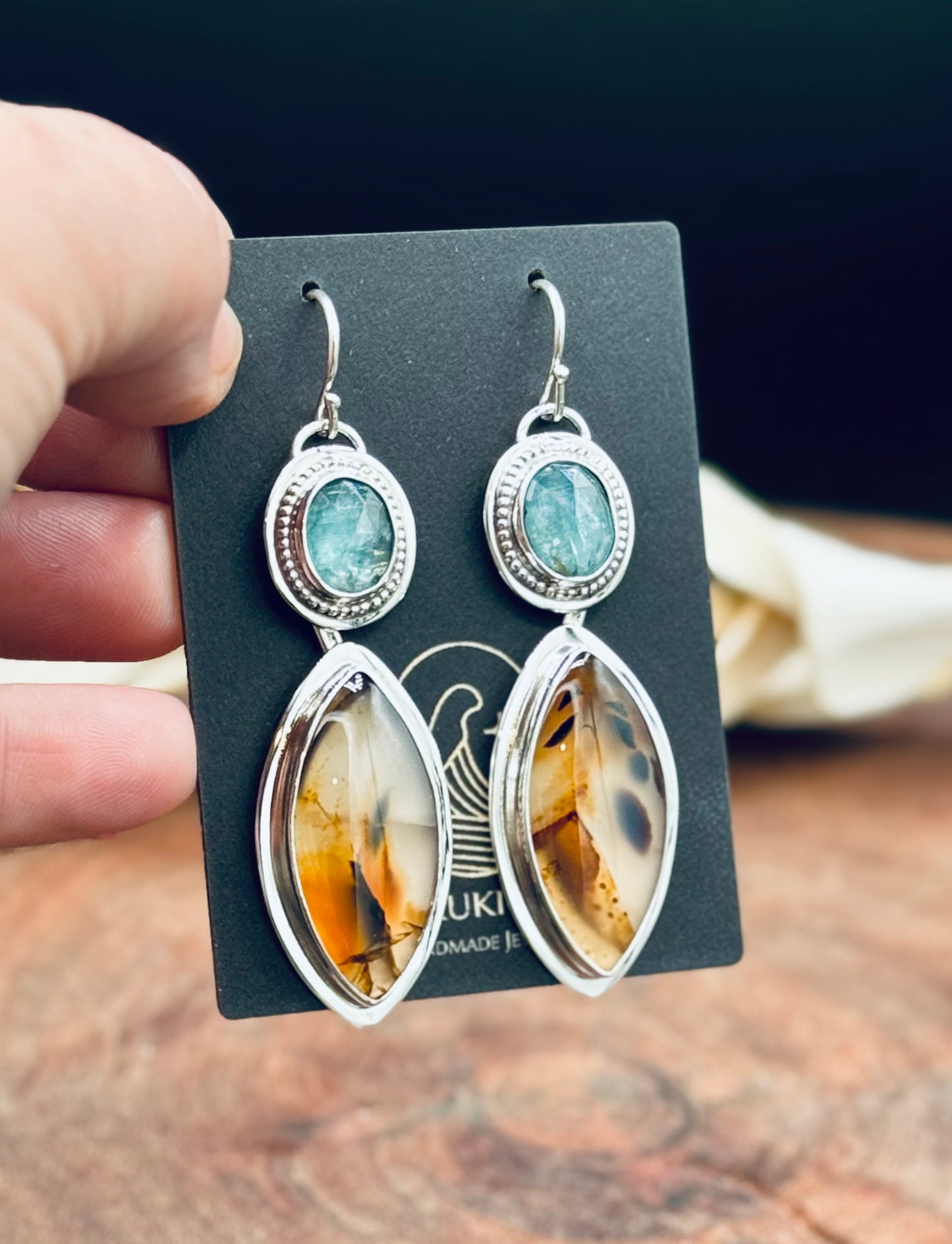 Montana Agate and Aqua Kyanite Sterling Silver Earrings