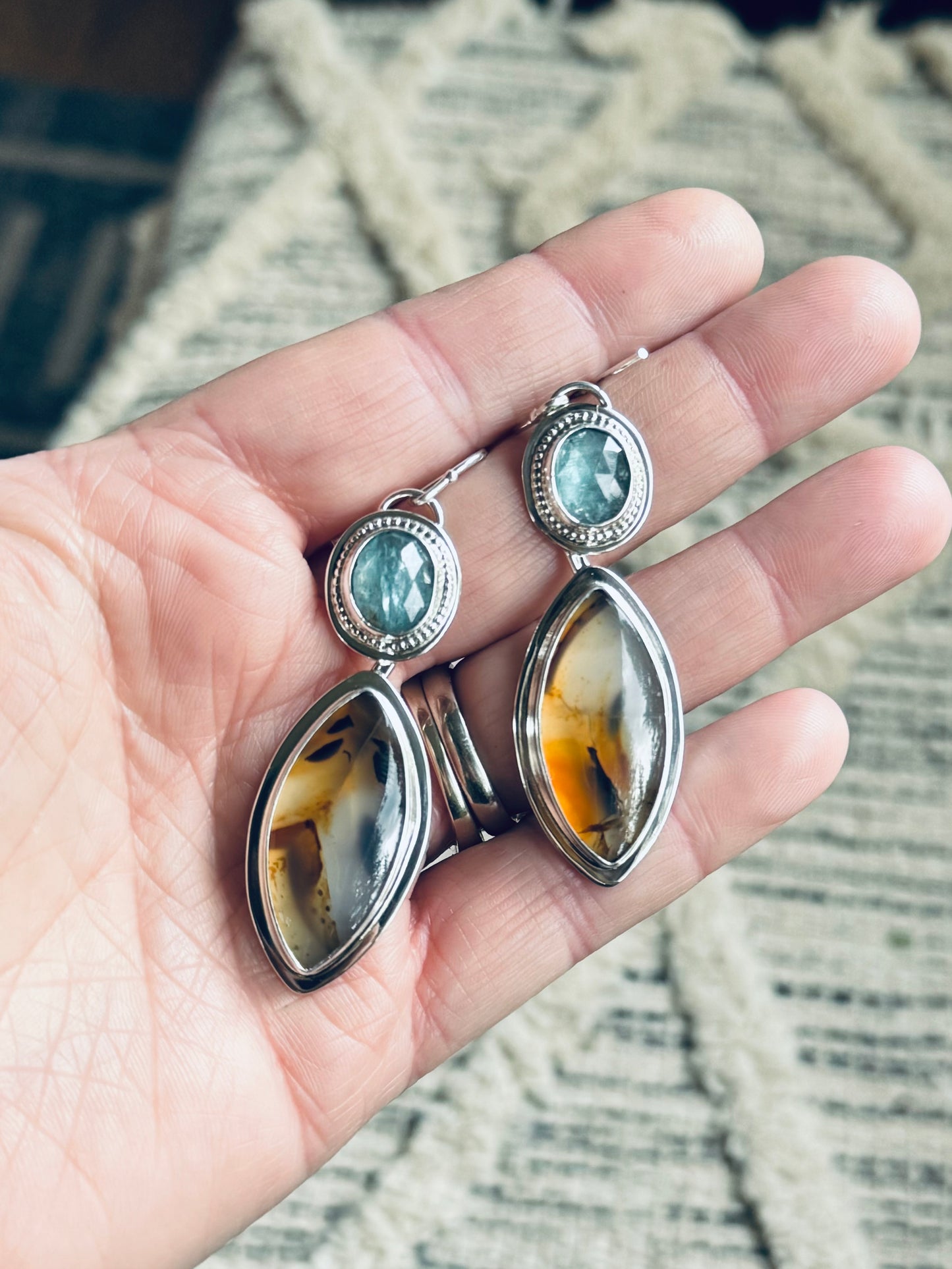 Montana Agate and Aqua Kyanite Sterling Silver Earrings