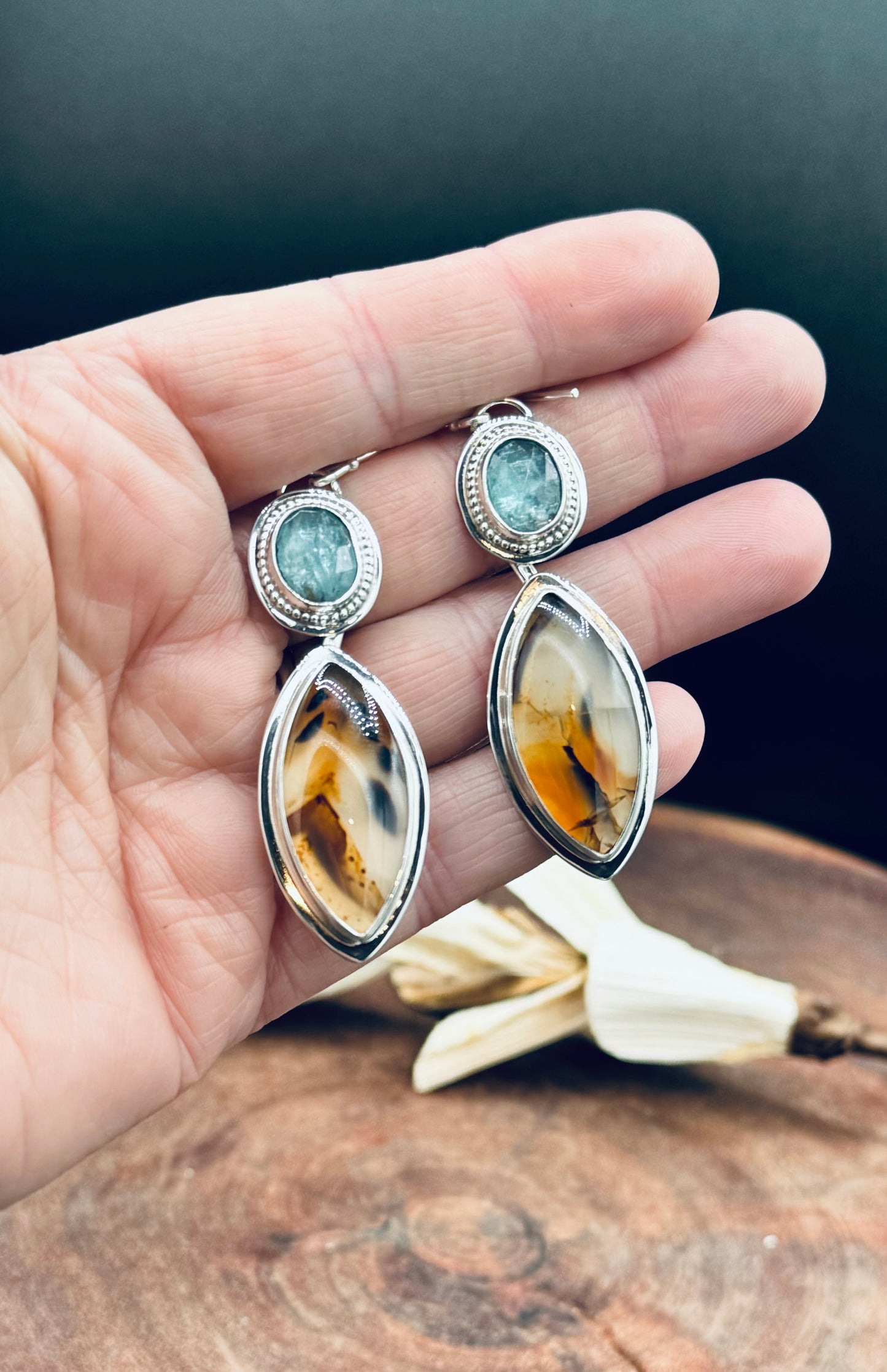 Montana Agate and Aqua Kyanite Sterling Silver Earrings