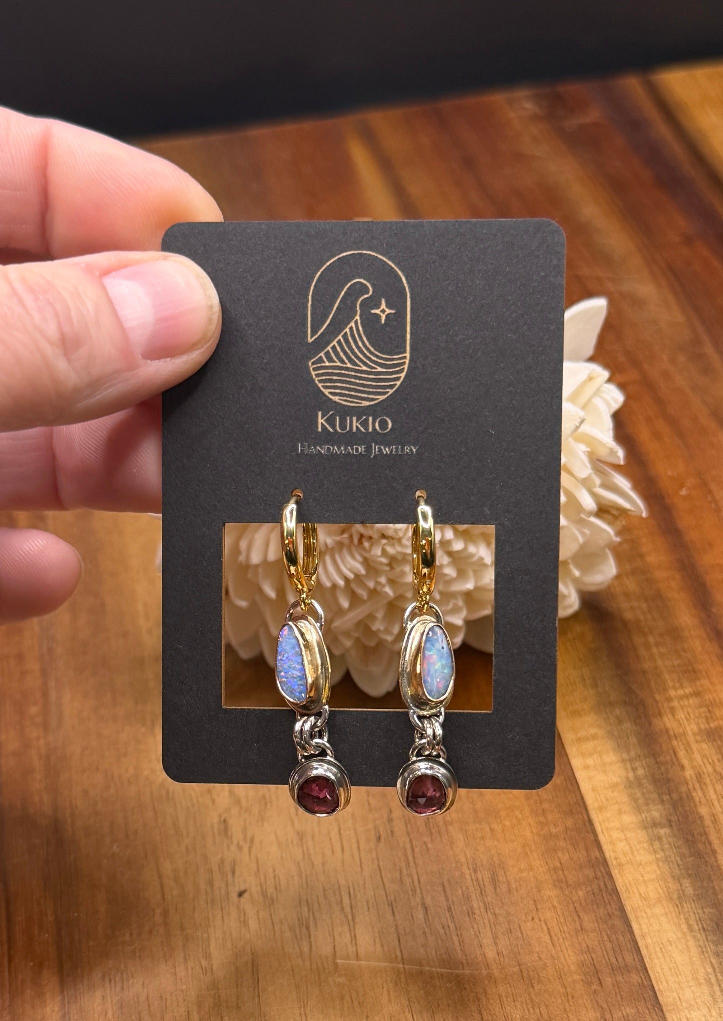 Sterling Silver/Gold-Fill Coober Pedy Opal and Rhodolite Garnet Huggy Earrings