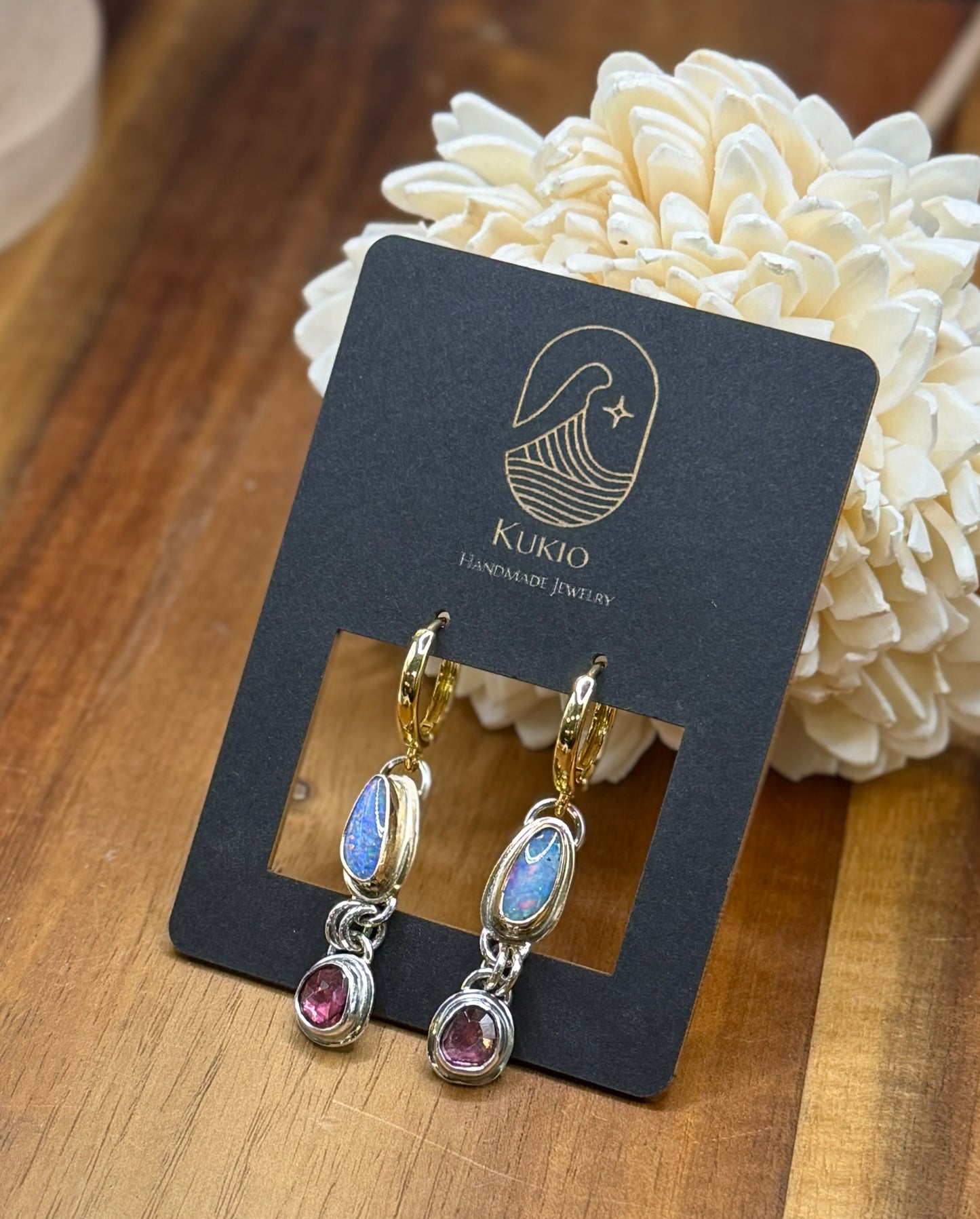 Sterling Silver/Gold-Fill Coober Pedy Opal and Rhodolite Garnet Huggy Earrings