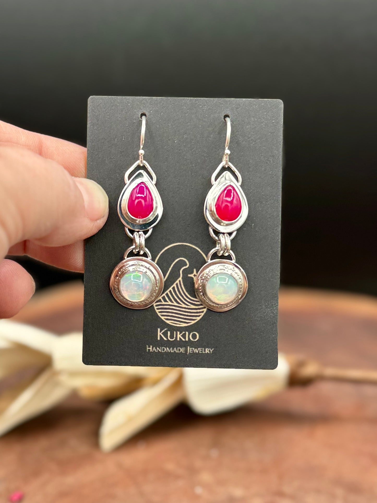 Natural Opal and Rani Chalcedony Sterling Silver Earrings