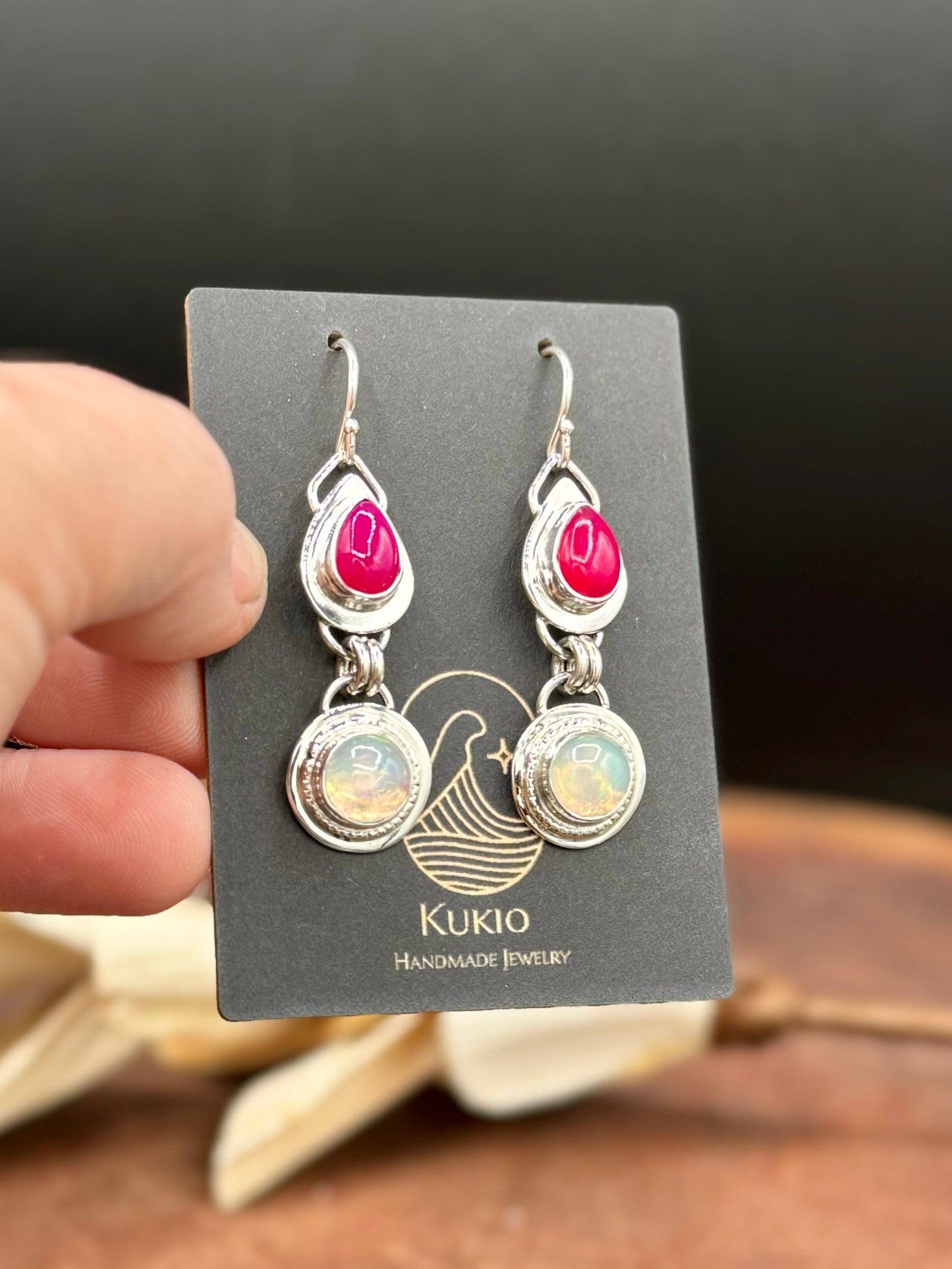 Natural Opal and Rani Chalcedony Sterling Silver Earrings