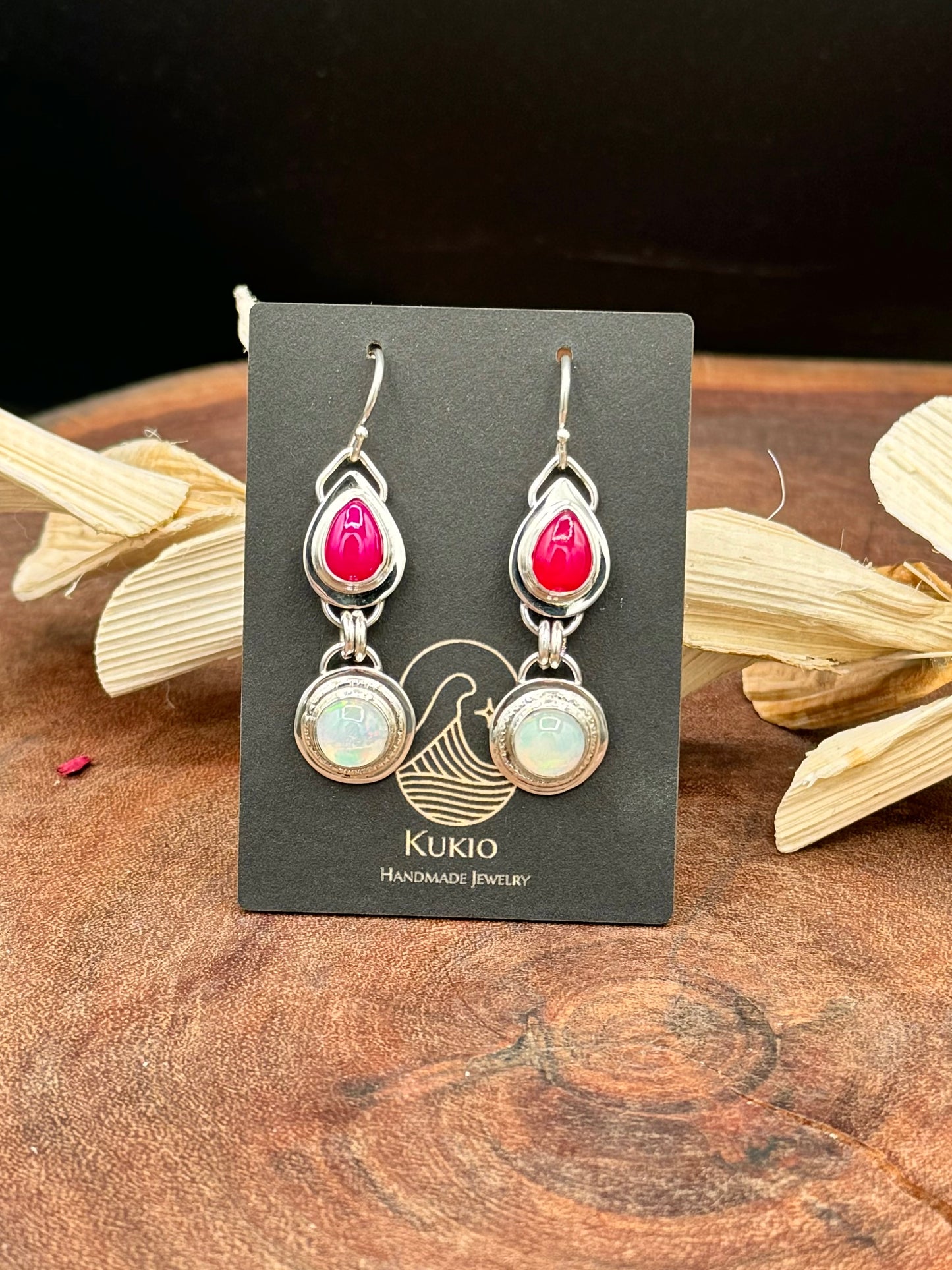 Natural Opal and Rani Chalcedony Sterling Silver Earrings