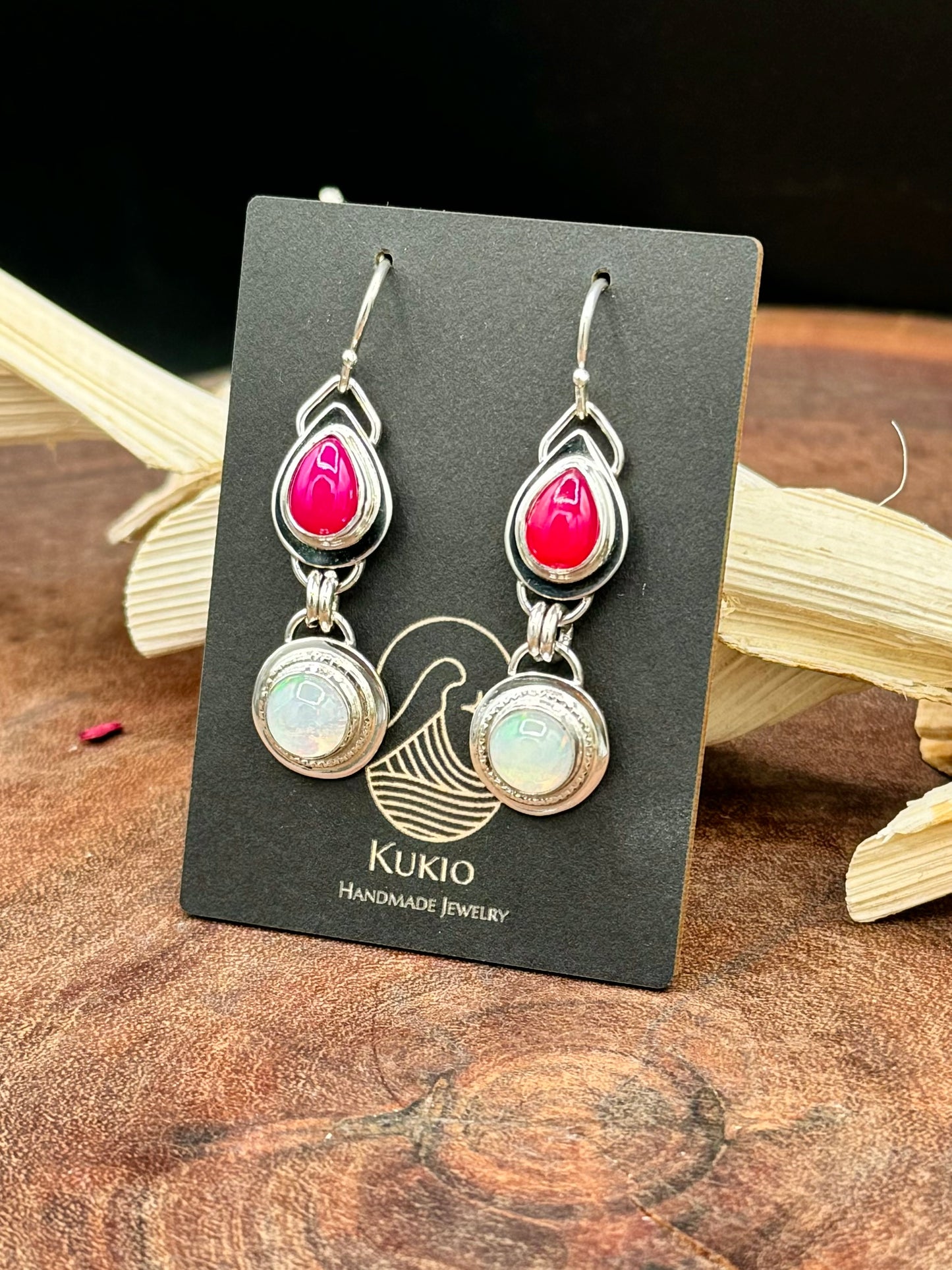 Natural Opal and Rani Chalcedony Sterling Silver Earrings