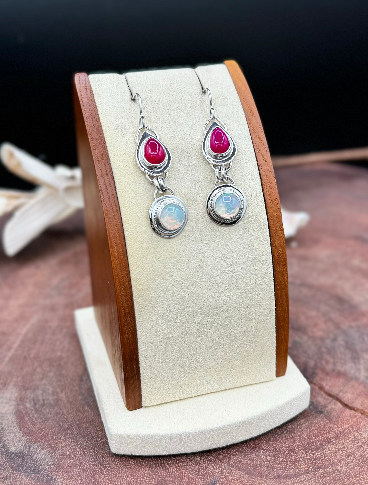 Natural Opal and Rani Chalcedony Sterling Silver Earrings