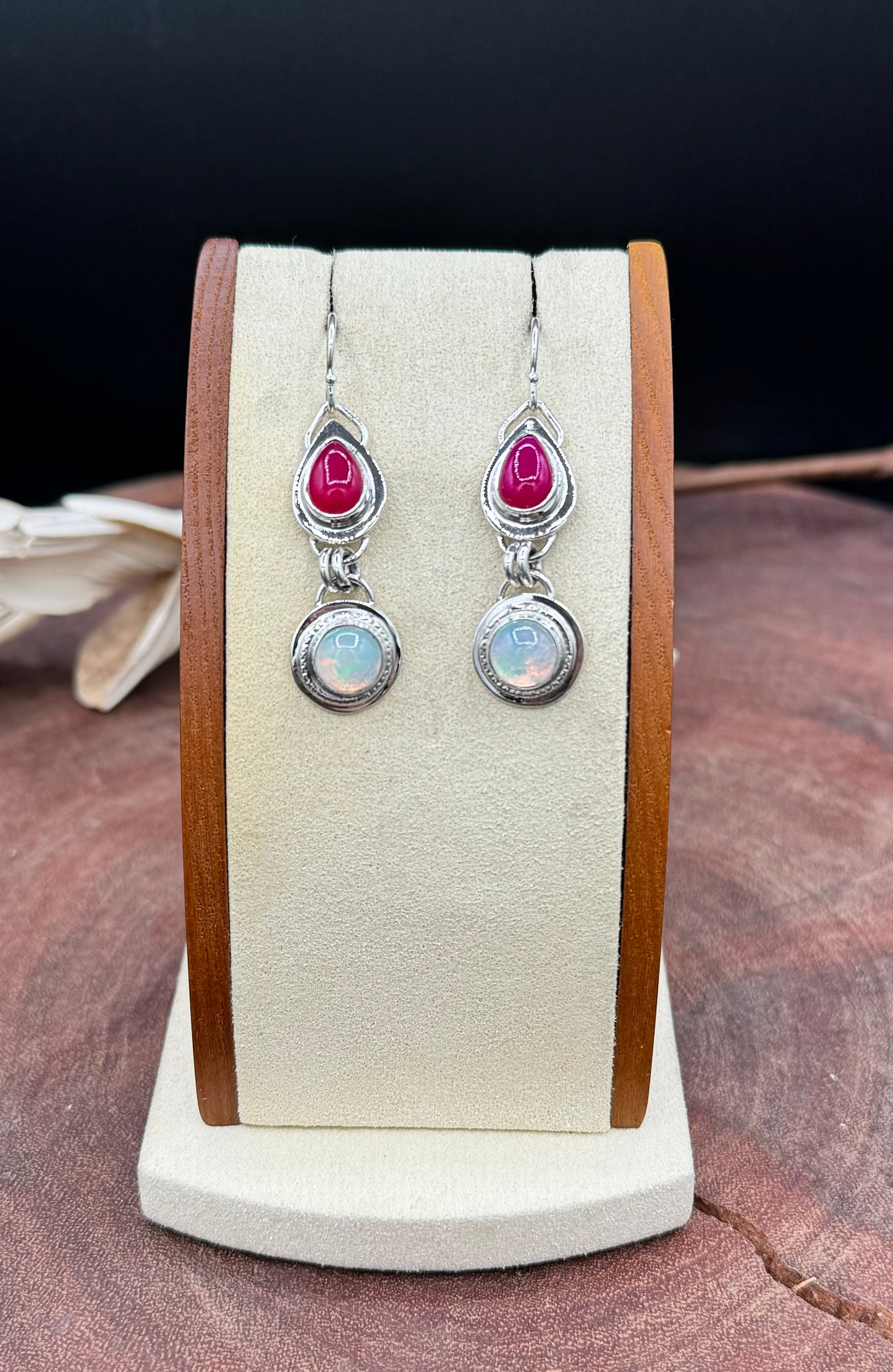 Natural Opal and Rani Chalcedony Sterling Silver Earrings