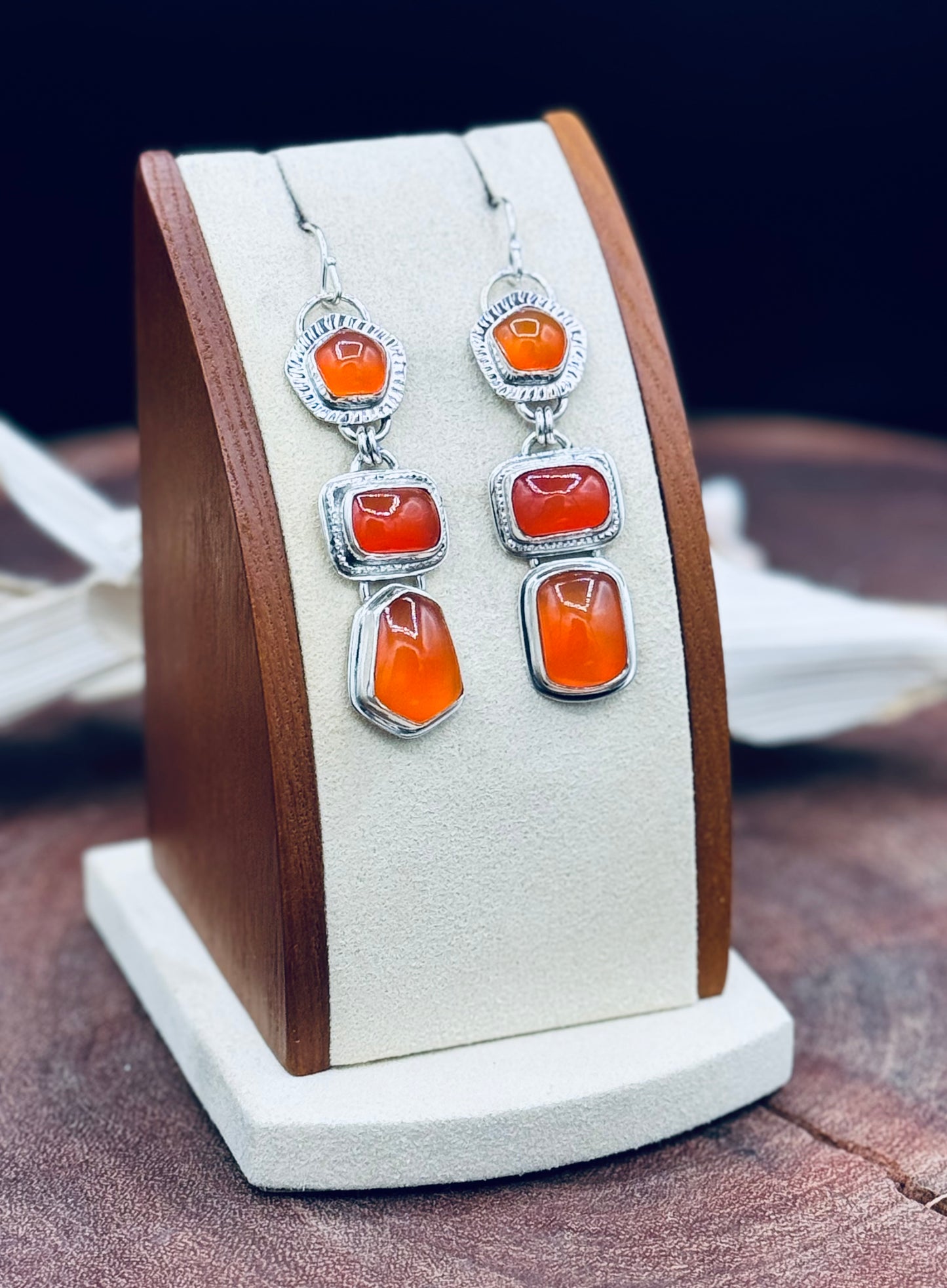 Triple Stone Carnelian Sterling Silver Earrings