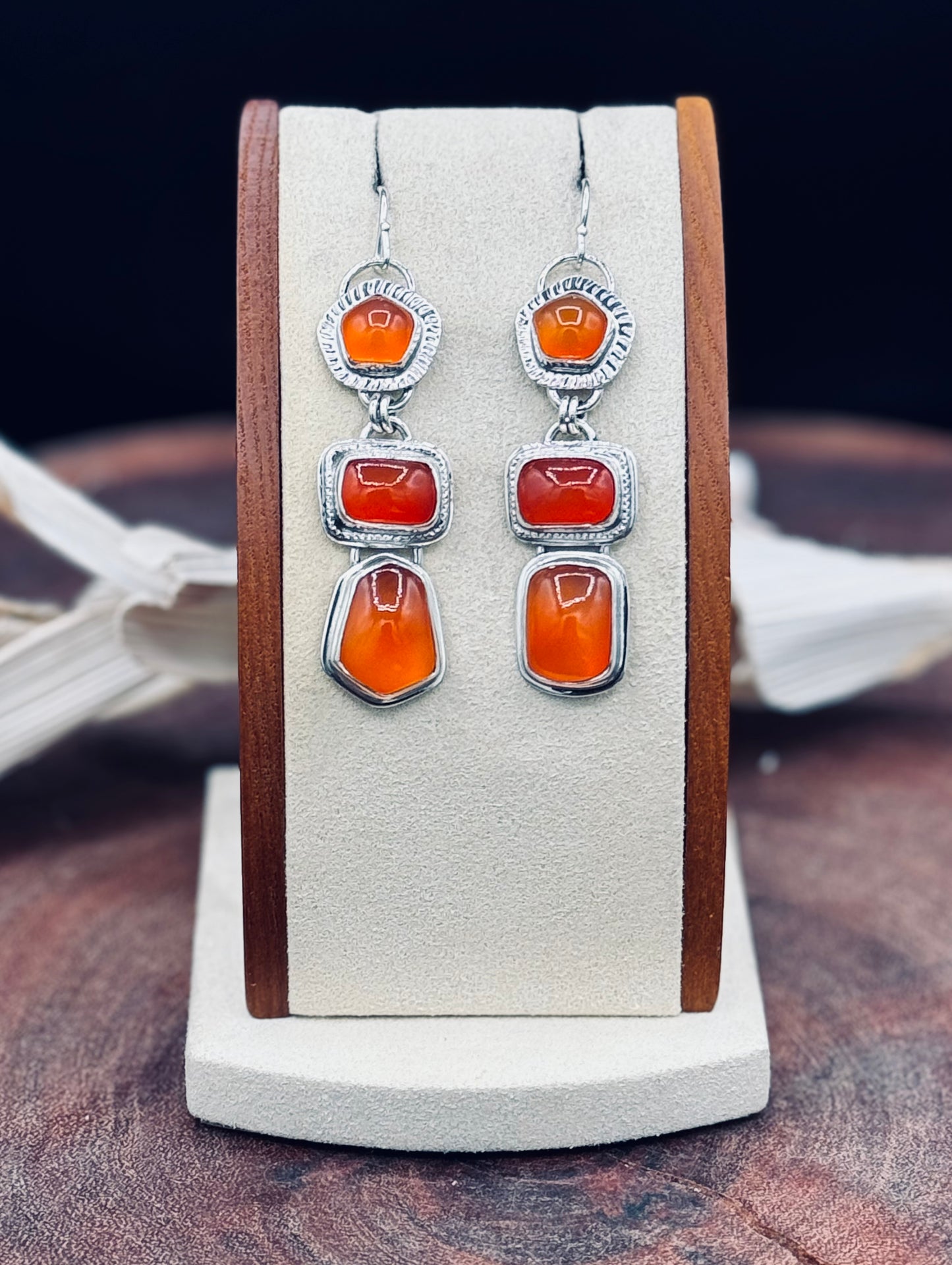 Triple Stone Carnelian Sterling Silver Earrings