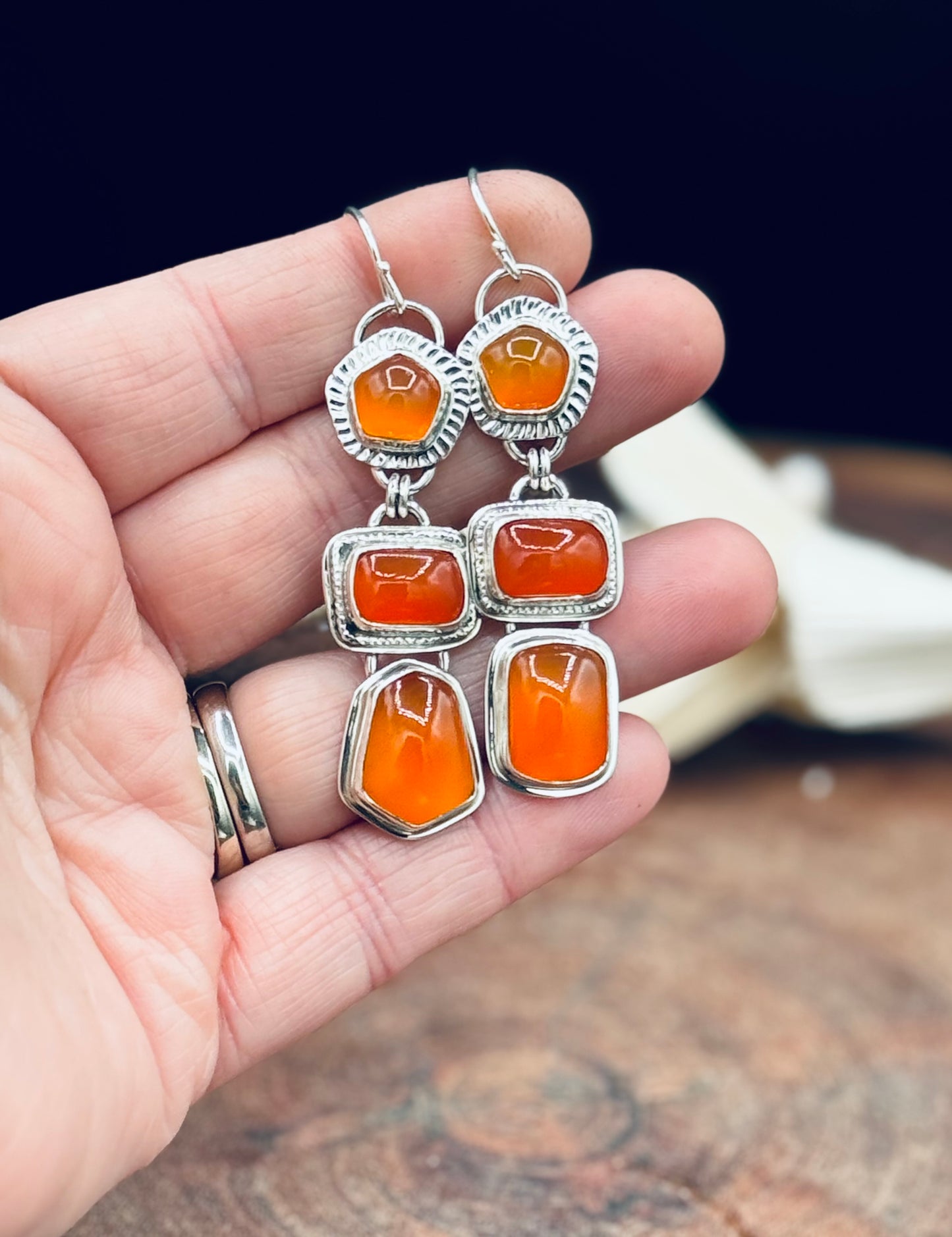 Triple Stone Carnelian Sterling Silver Earrings