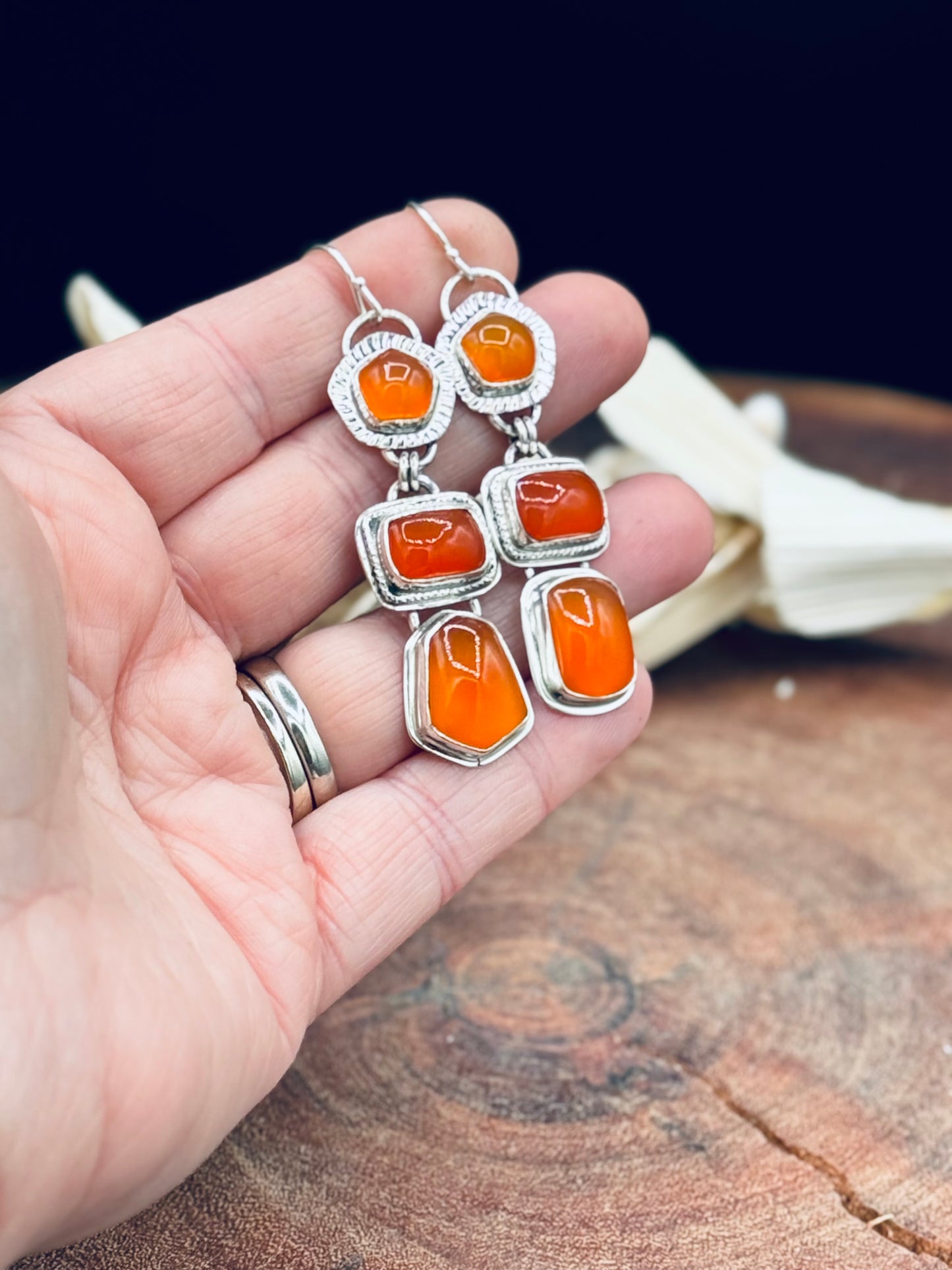 Triple Stone Carnelian Sterling Silver Earrings