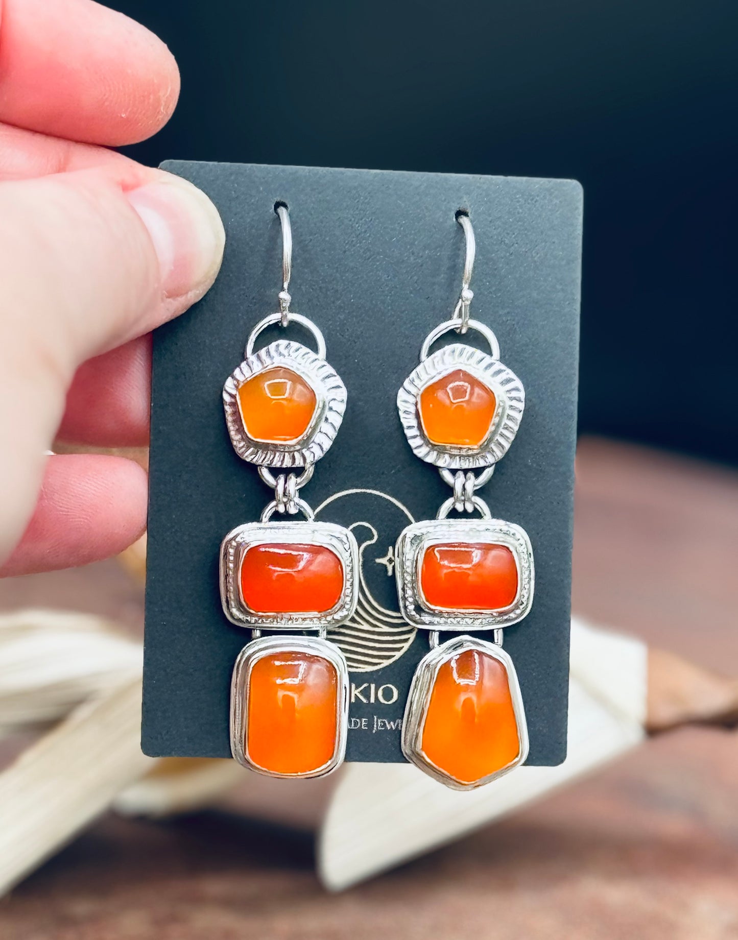 Triple Stone Carnelian Sterling Silver Earrings