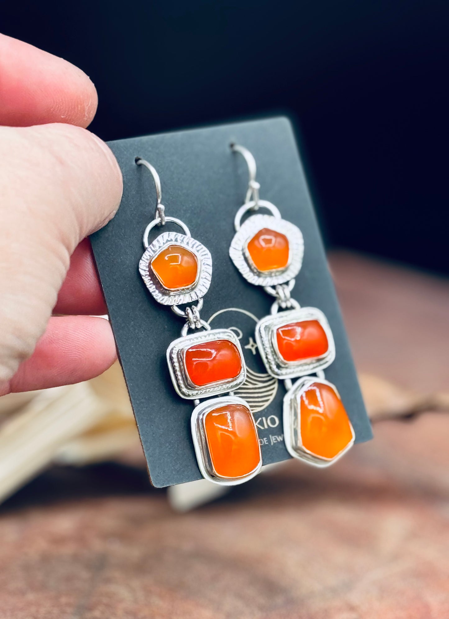 Triple Stone Carnelian Sterling Silver Earrings