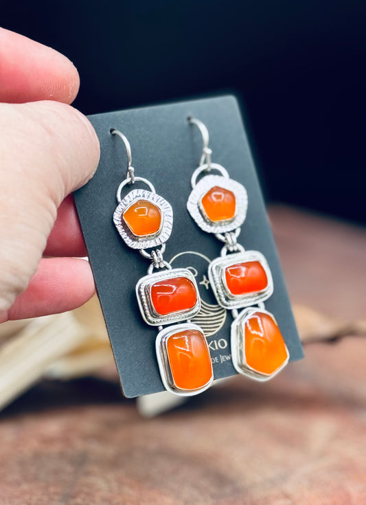 Triple Stone Carnelian Sterling Silver Earrings