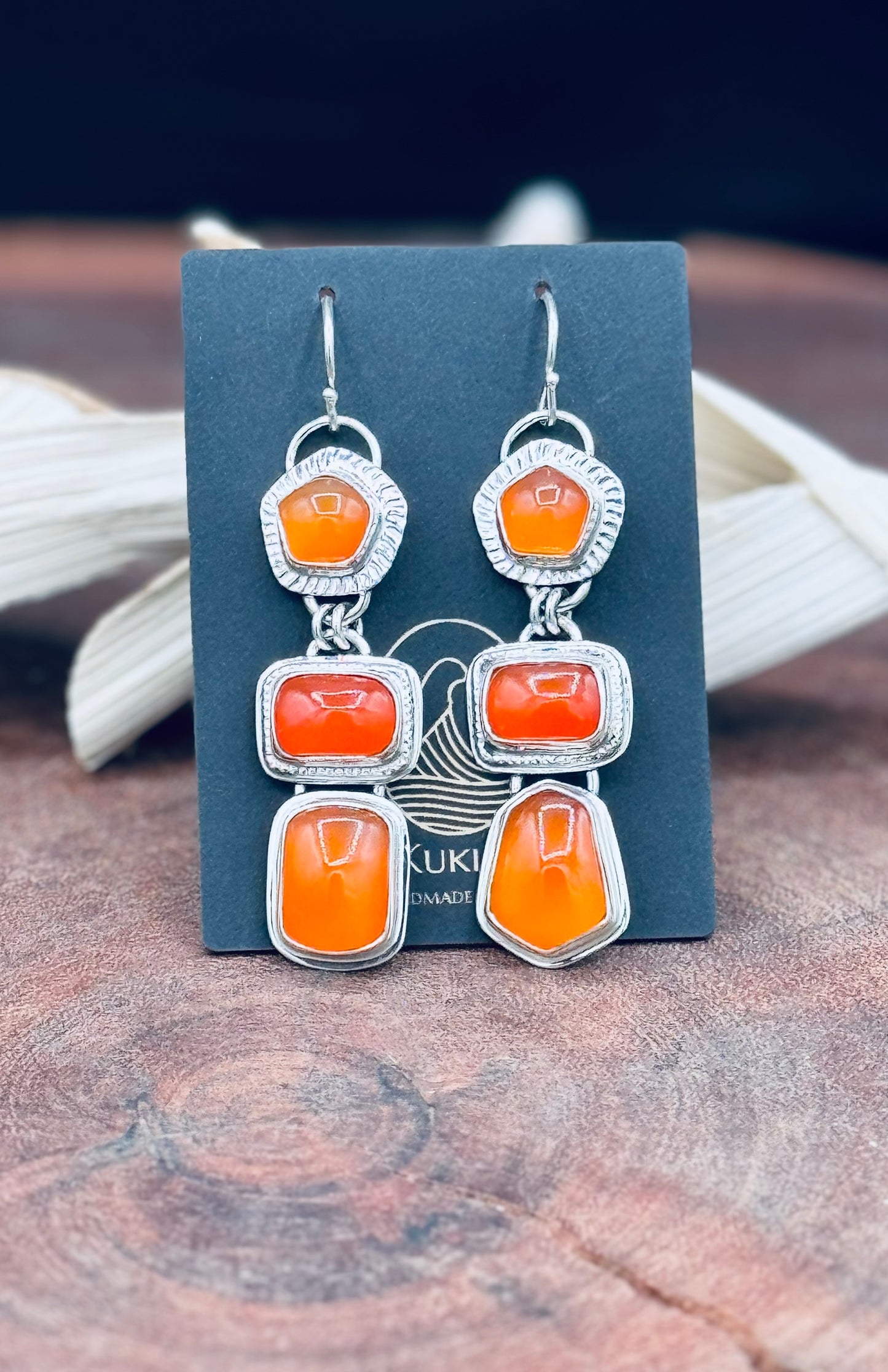 Triple Stone Carnelian Sterling Silver Earrings