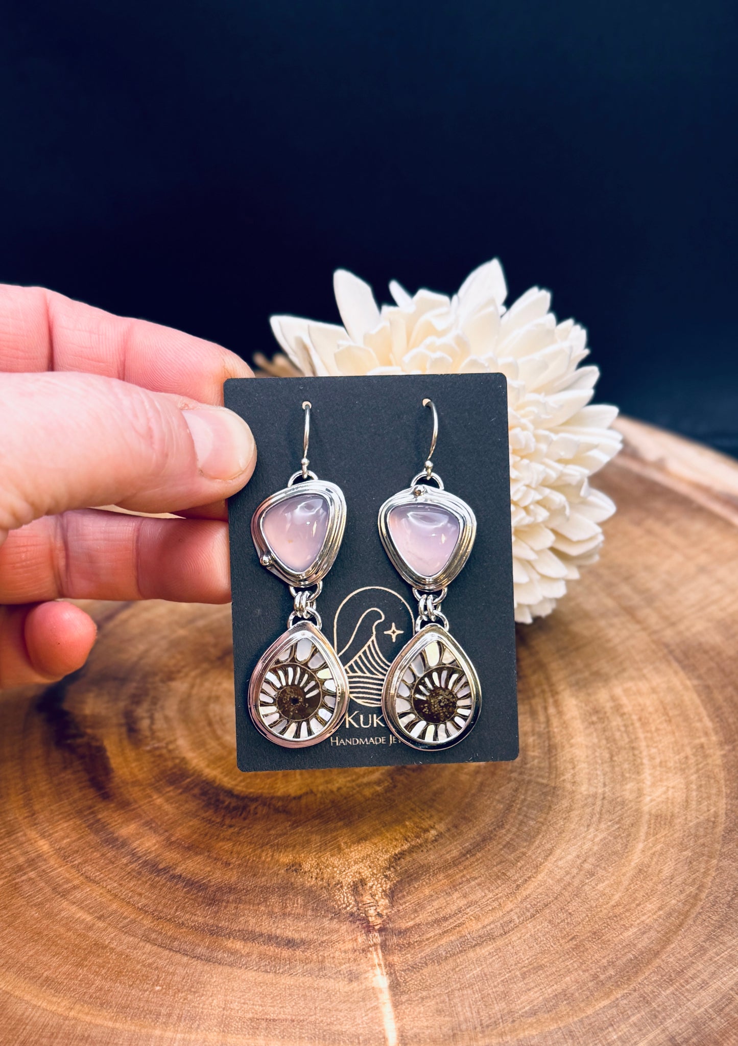 Ammonite with MOP Inlay and Lilac Chalcedony Earrings