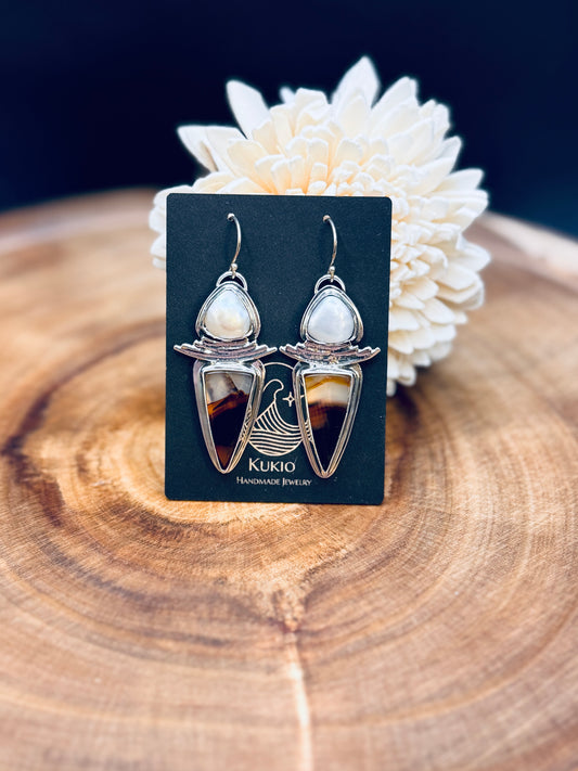 Sterling Silver Montana Agate and Fresh Water Pearl Earrings