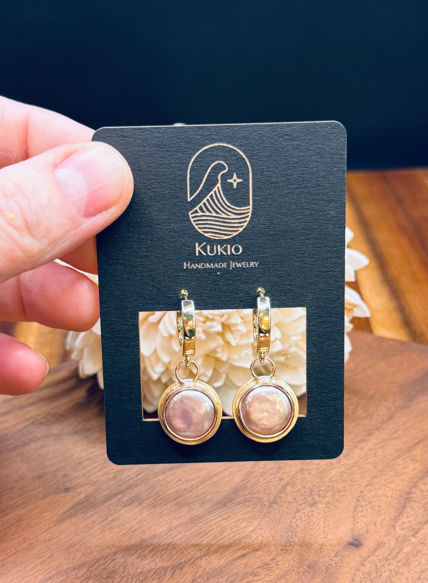 Gold-Fill Pastacio Coin Pearl Huggie Earrings