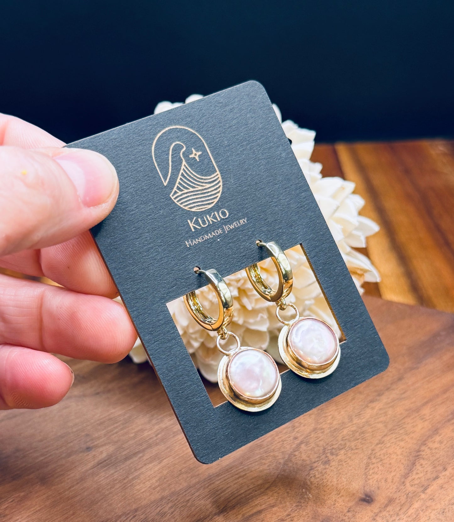 Gold-Fill Pastacio Coin Pearl Huggie Earrings